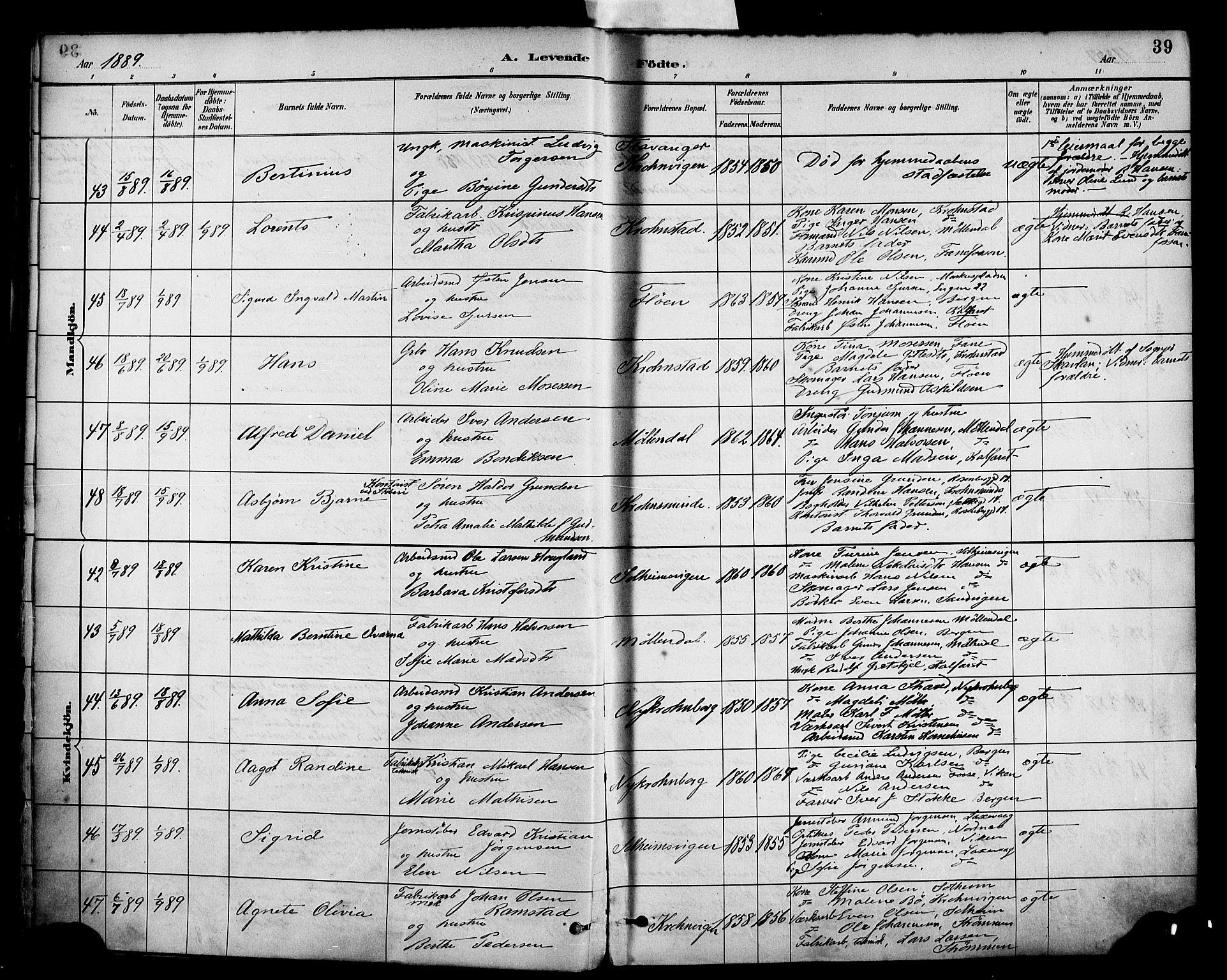 Årstad Sokneprestembete, AV/SAB-A-79301/H/Haa/L0001: Parish register (official) no. A 1, 1886-1901, p. 39