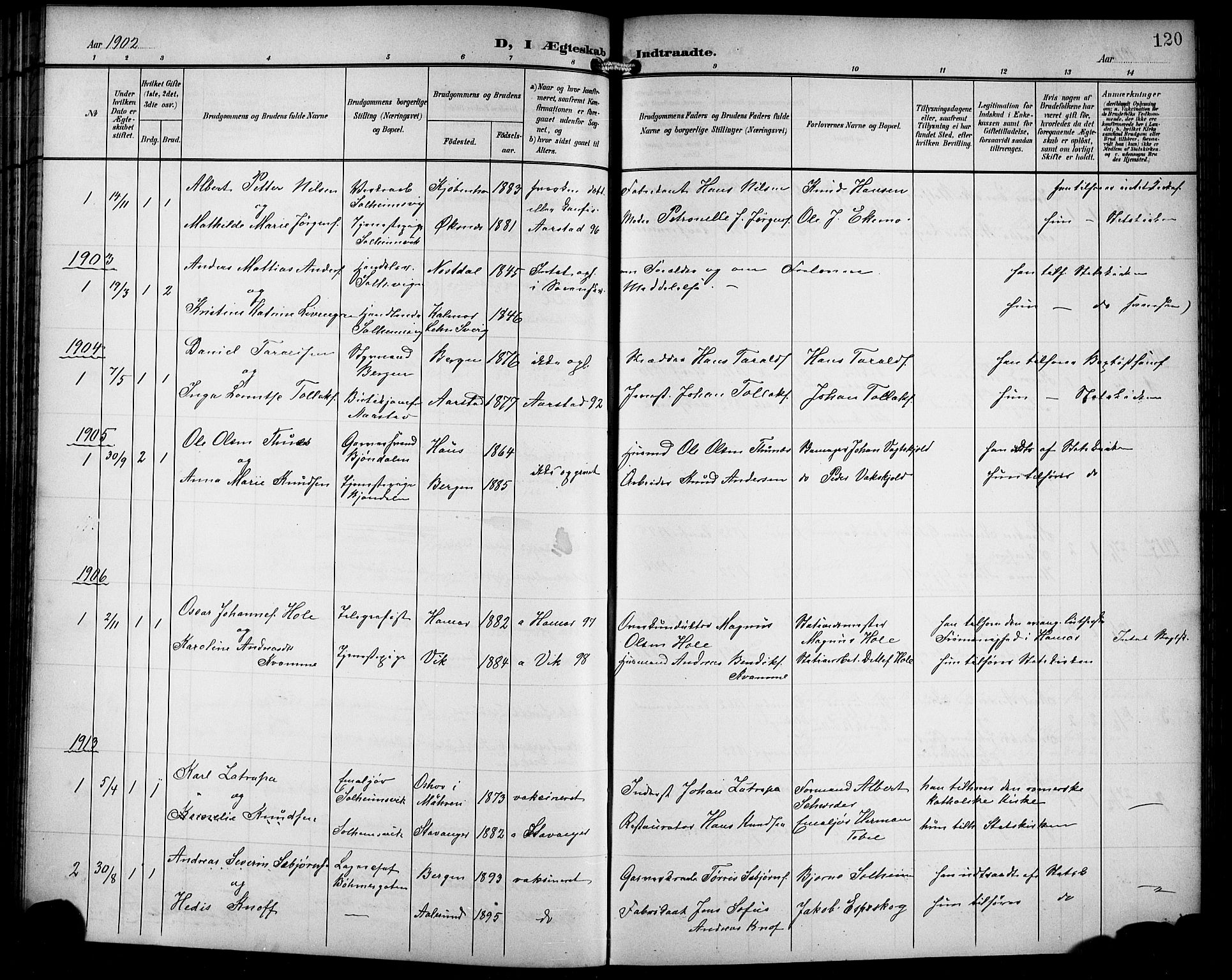 Årstad Sokneprestembete, SAB/A-79301/H/Hab/L0018: Parish register (copy) no. C 1, 1902-1919, p. 120