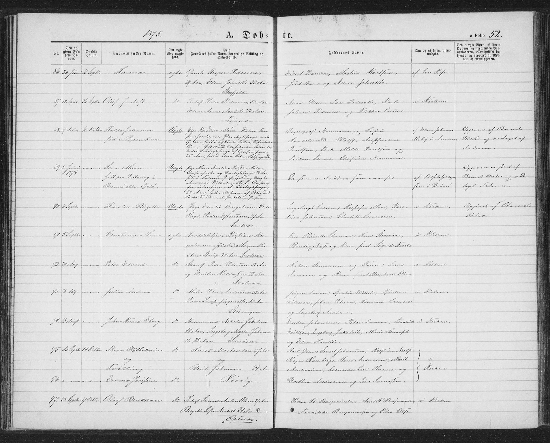 Ministerialprotokoller, klokkerbøker og fødselsregistre - Nordland, AV/SAT-A-1459/874/L1074: Parish register (copy) no. 874C03, 1870-1876, p. 52