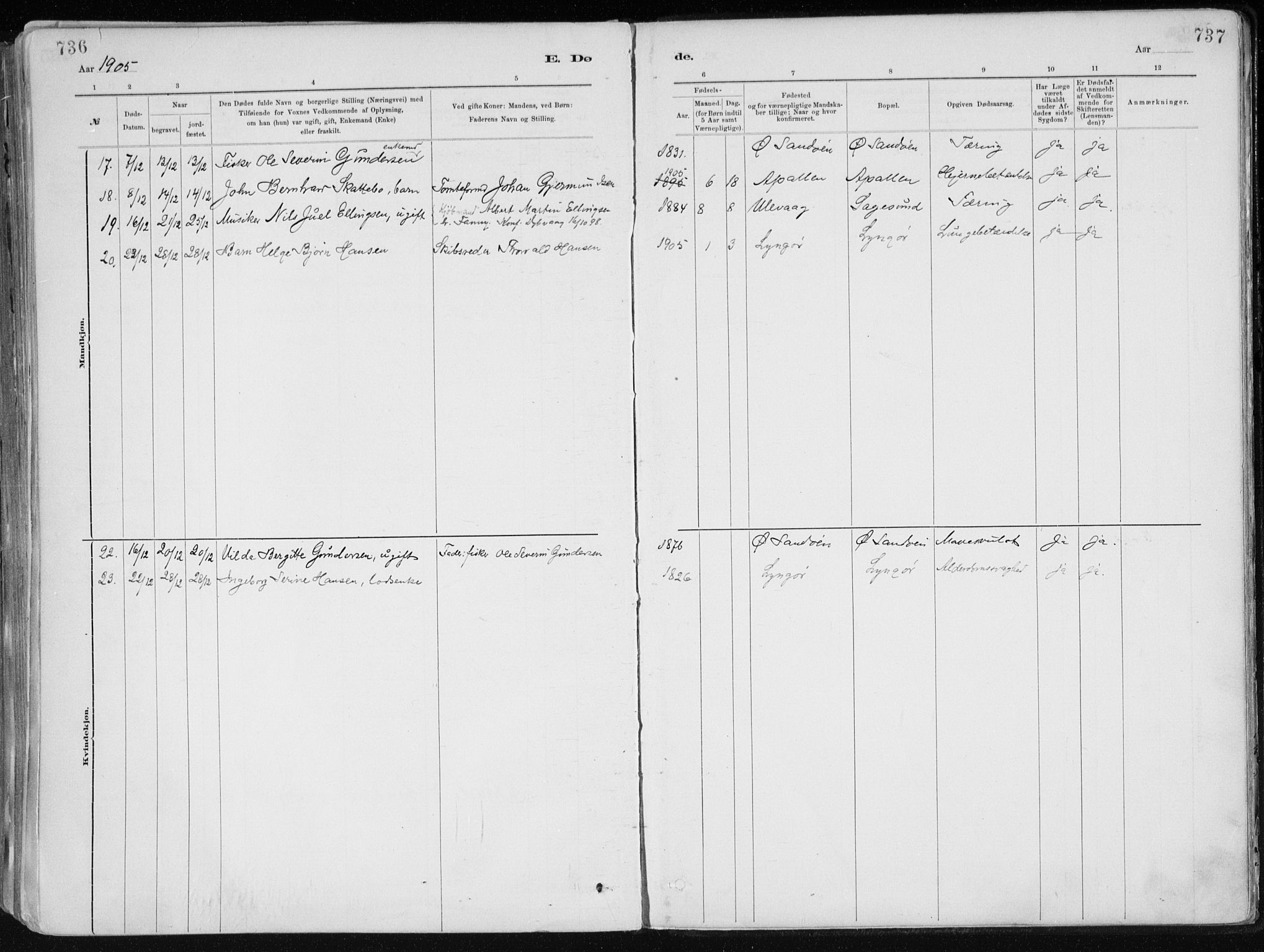 Dypvåg sokneprestkontor, SAK/1111-0007/F/Fa/Faa/L0008: Parish register (official) no. A 8, 1885-1906, p. 736-737