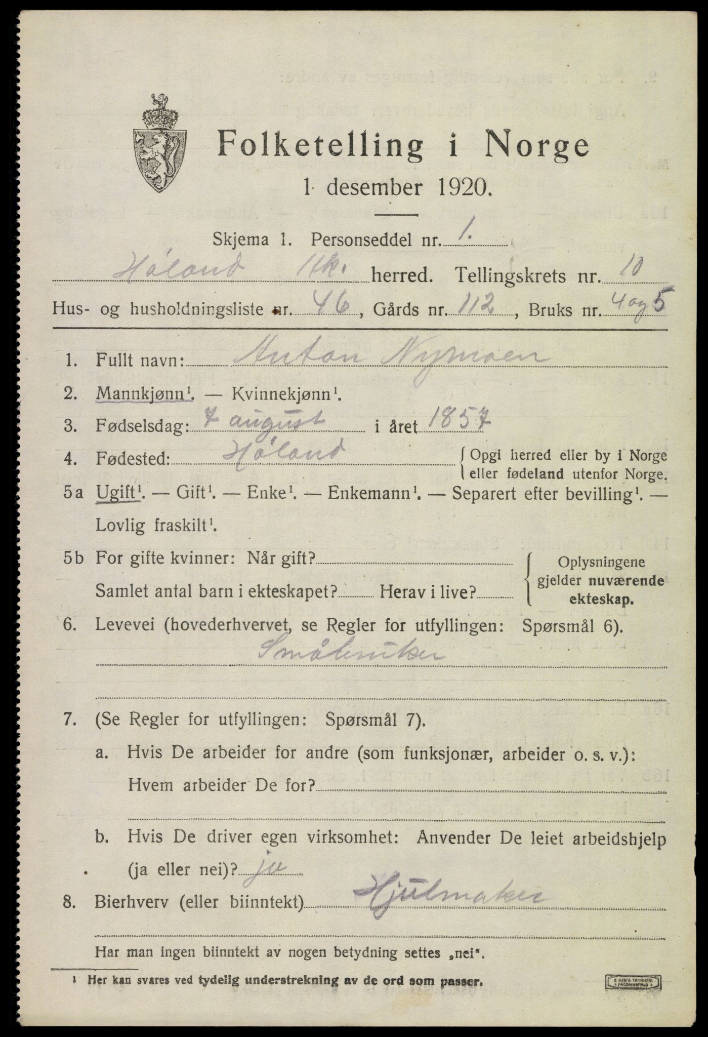 SAO, 1920 census for Høland, 1920, p. 10793