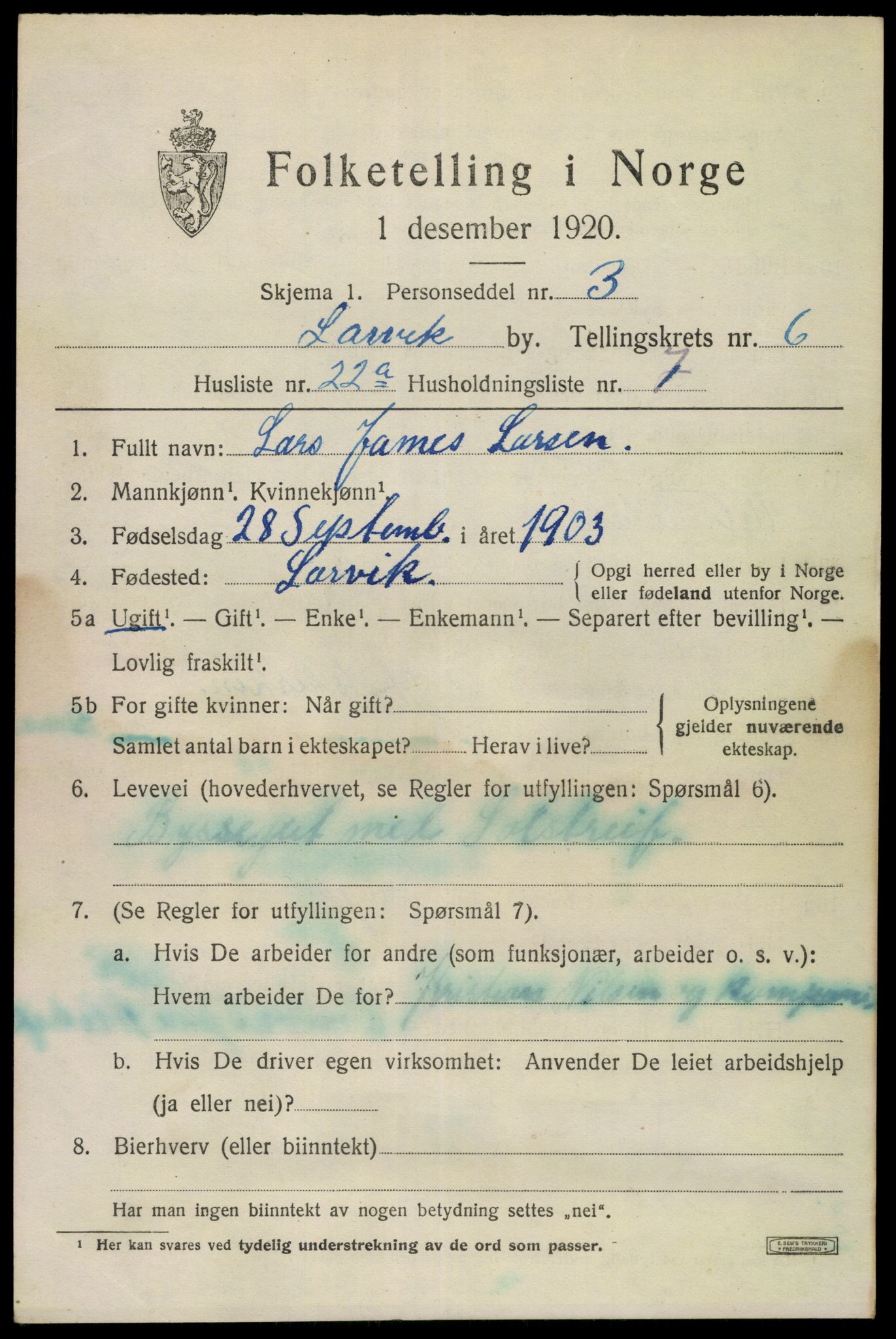 SAKO, 1920 census for Larvik, 1920, p. 18440