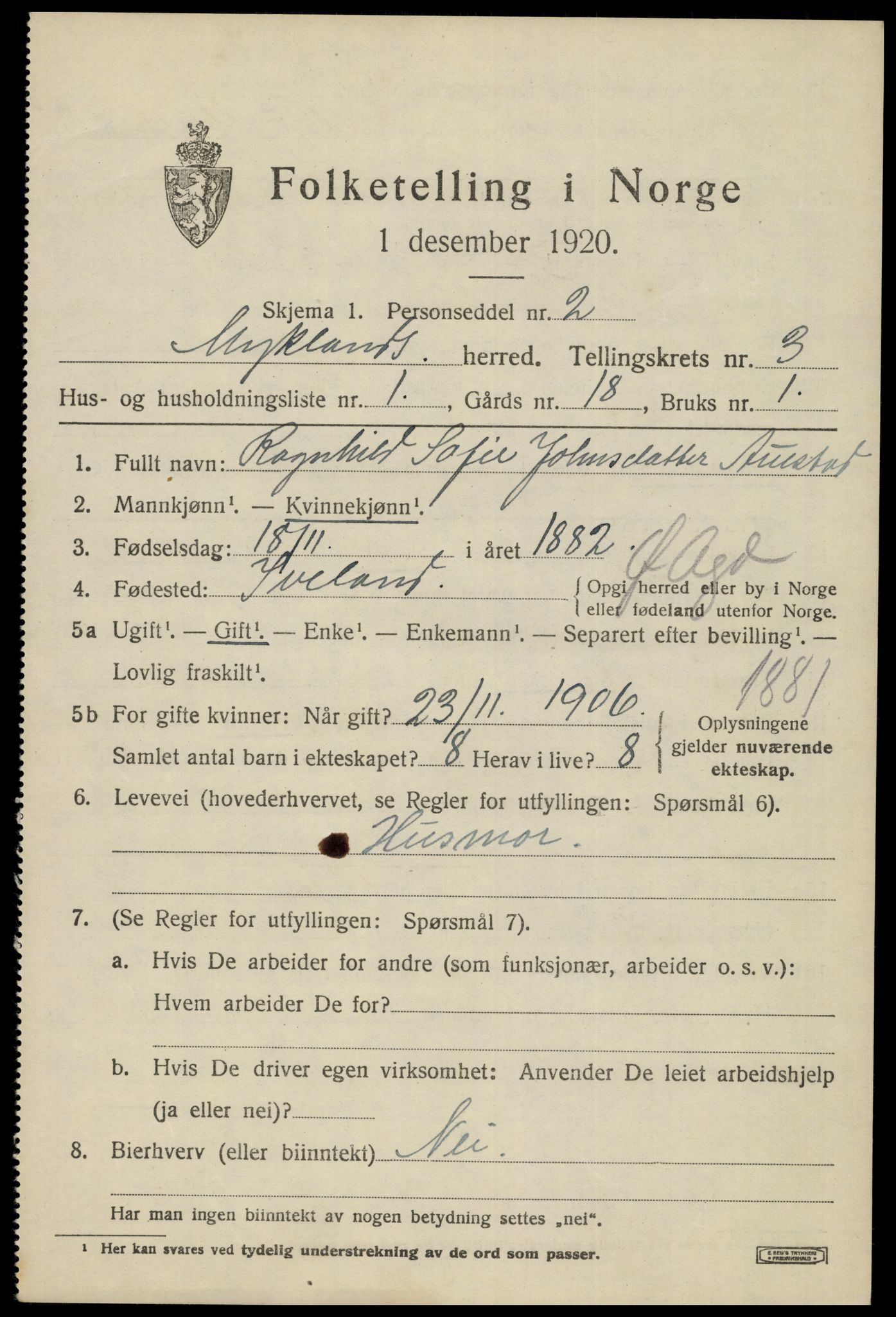 SAK, 1920 census for Mykland, 1920, p. 1124