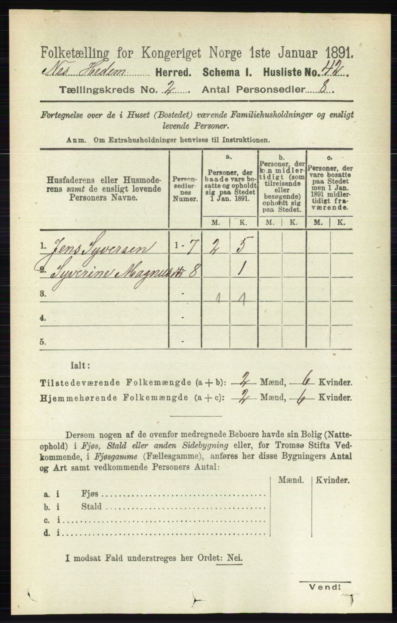 RA, 1891 census for 0411 Nes, 1891, p. 1046