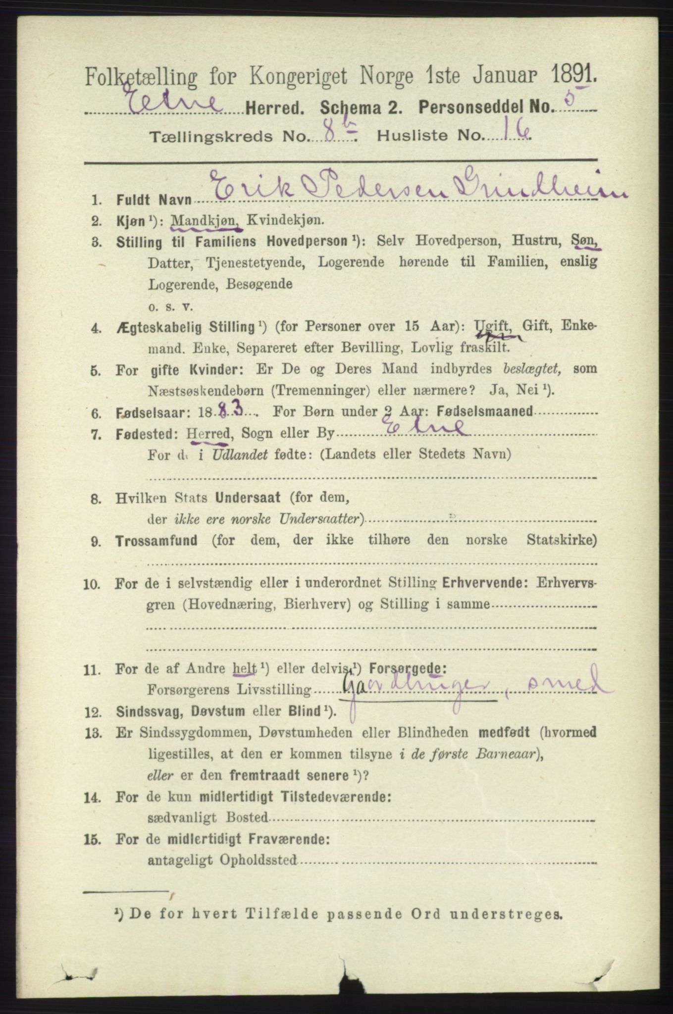 RA, 1891 census for 1211 Etne, 1891, p. 1687