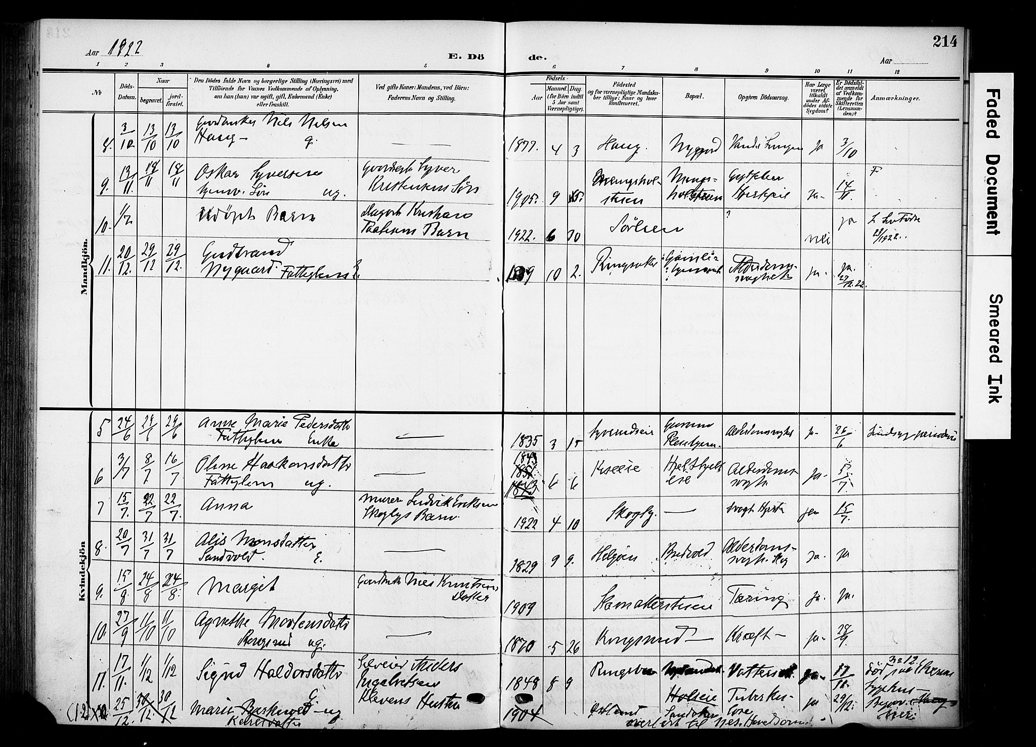 Nes prestekontor, Hedmark, SAH/PREST-020/K/Ka/L0013: Parish register (official) no. 13, 1906-1924, p. 214