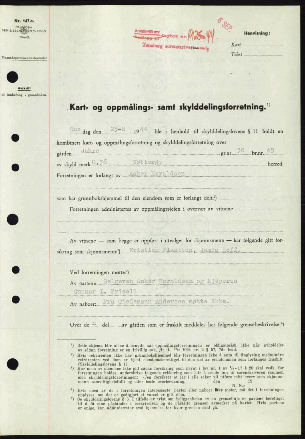 Tønsberg sorenskriveri, AV/SAKO-A-130/G/Ga/Gaa/L0016: Mortgage book no. A16, 1944-1945, Diary no: : 1925/1944