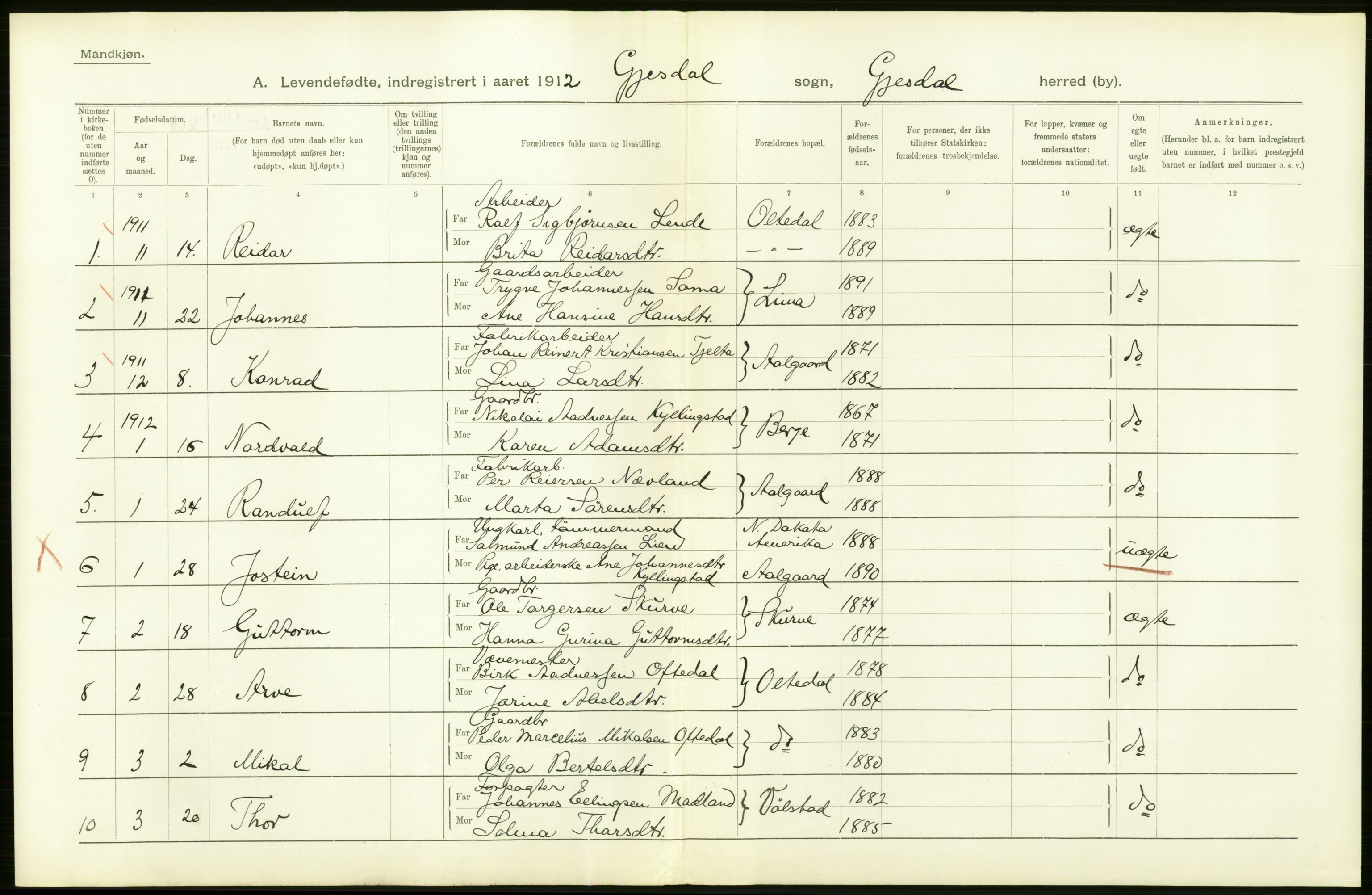 Statistisk sentralbyrå, Sosiodemografiske emner, Befolkning, AV/RA-S-2228/D/Df/Dfb/Dfbb/L0026: Stavanger amt: Levendefødte menn og kvinner. Bygder., 1912, p. 16