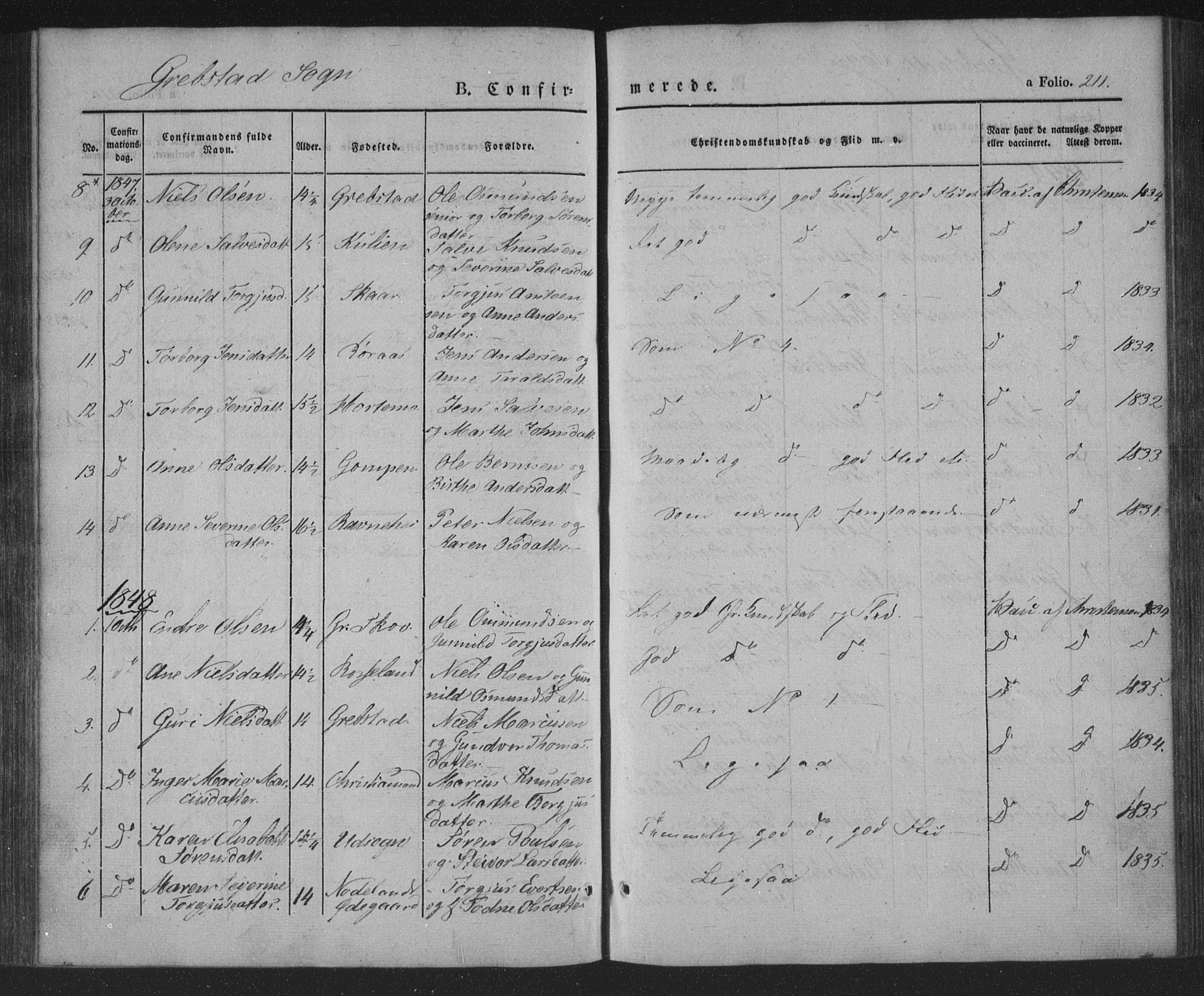 Søgne sokneprestkontor, AV/SAK-1111-0037/F/Fa/Fab/L0009: Parish register (official) no. A 9, 1838-1853, p. 211