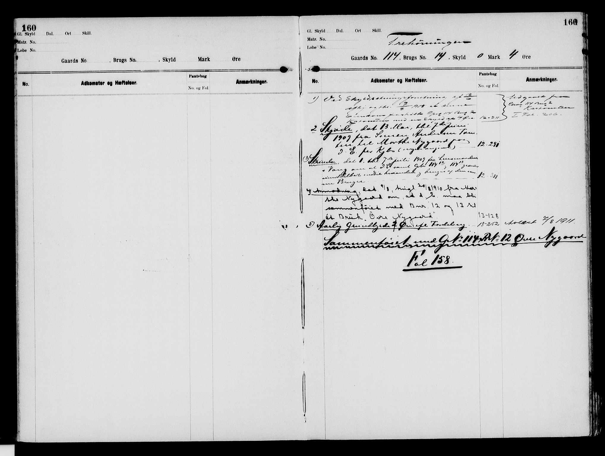 Nord-Hedmark sorenskriveri, SAH/TING-012/H/Ha/Had/Hade/L0003: Mortgage register no. 4.3, 1899-1940, p. 160