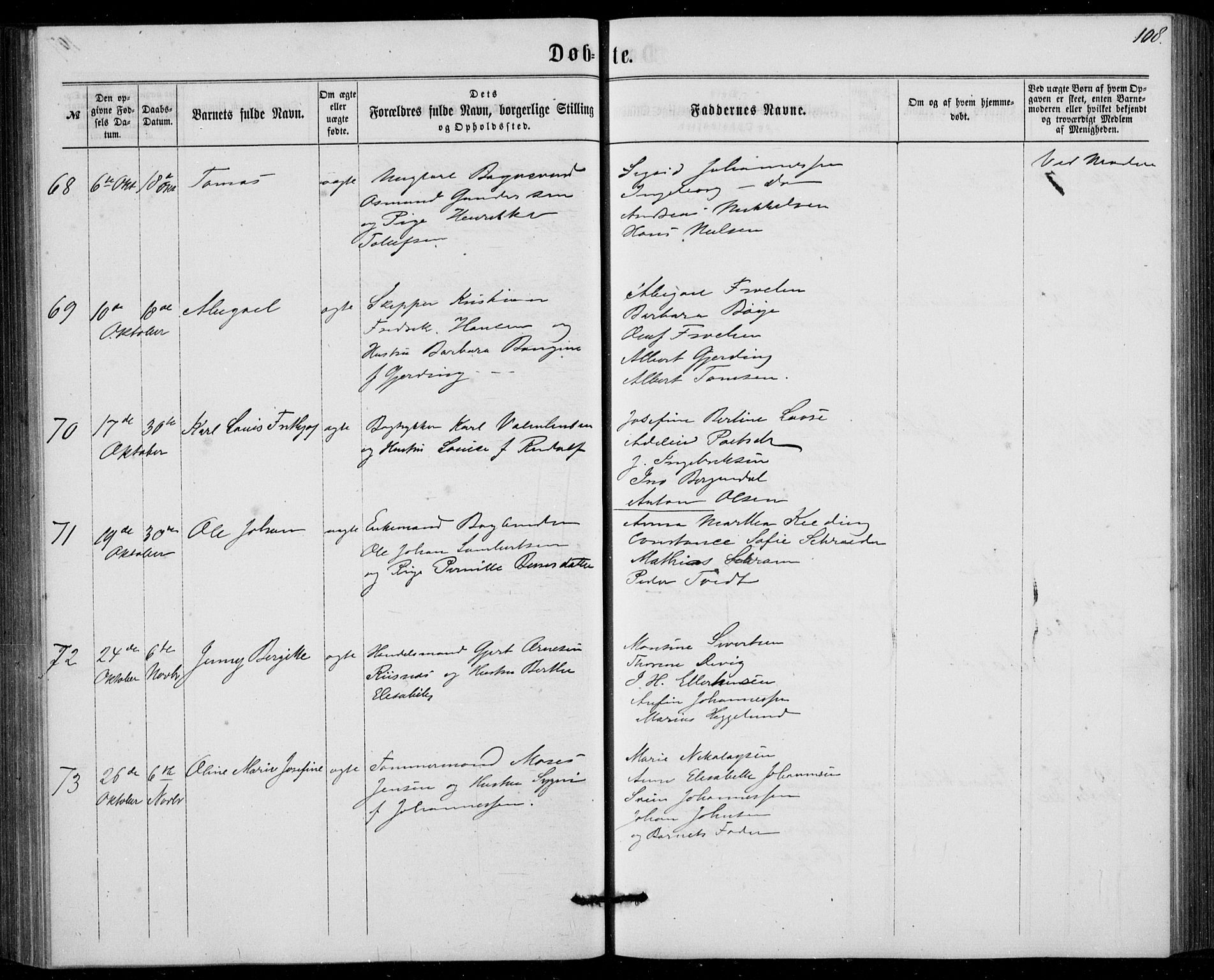 Fødselsstiftelsens sokneprestembete, ført av overlegen*, SAB/-: Parish register (official) no. A 1, 1863-1883, p. 108