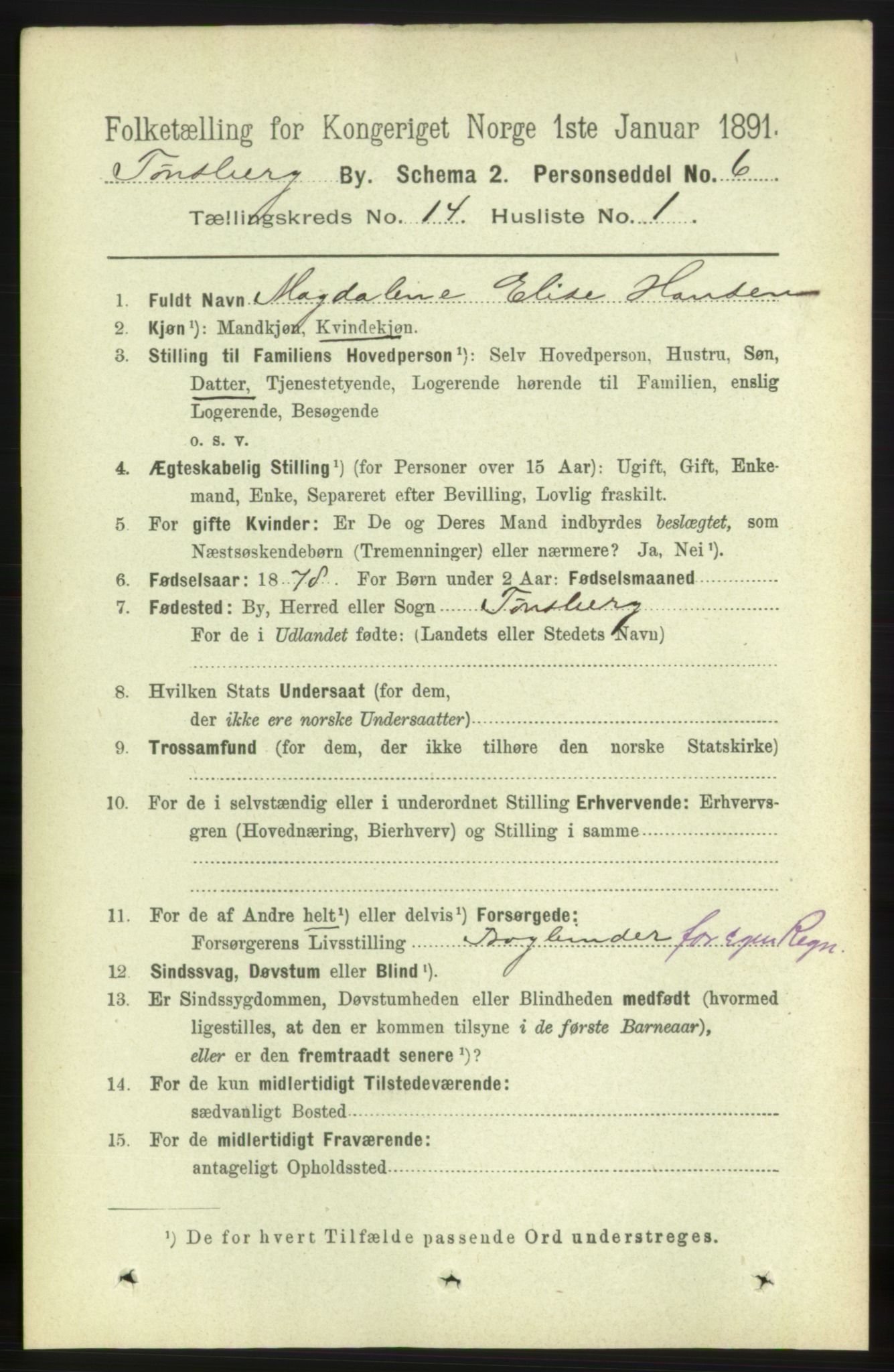 RA, 1891 census for 0705 Tønsberg, 1891, p. 4518