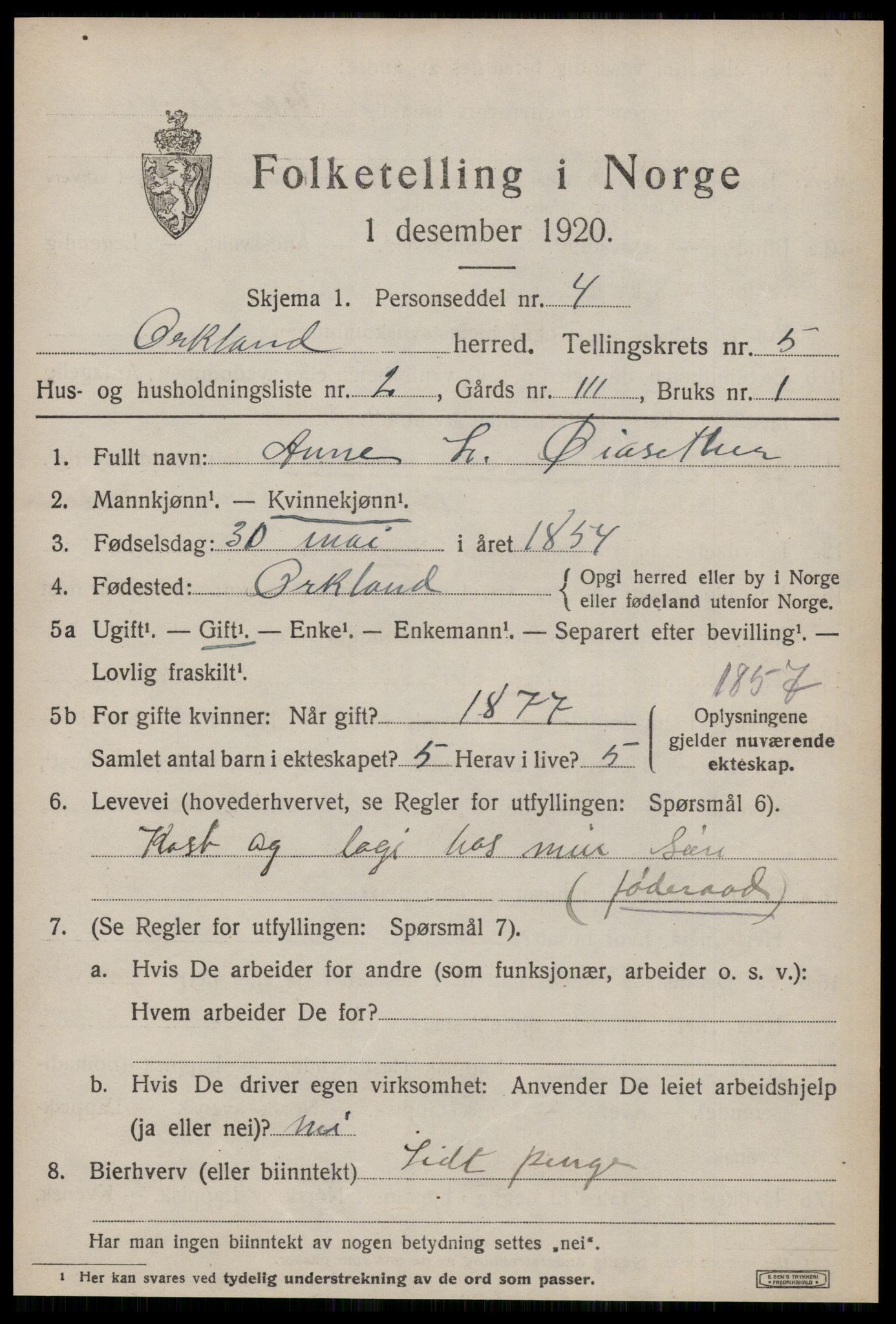 SAT, 1920 census for Orkland, 1920, p. 4036