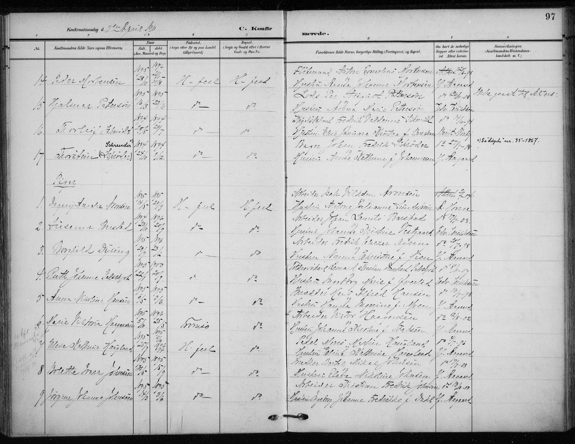 Hammerfest sokneprestkontor, SATØ/S-1347/H/Ha/L0014.kirke: Parish register (official) no. 14, 1906-1916, p. 97