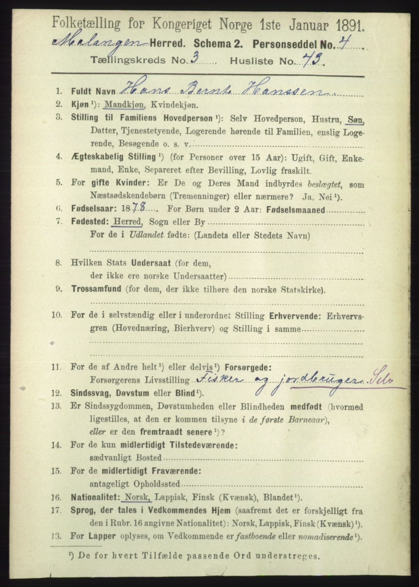 RA, 1891 census for 1932 Malangen, 1891, p. 1030