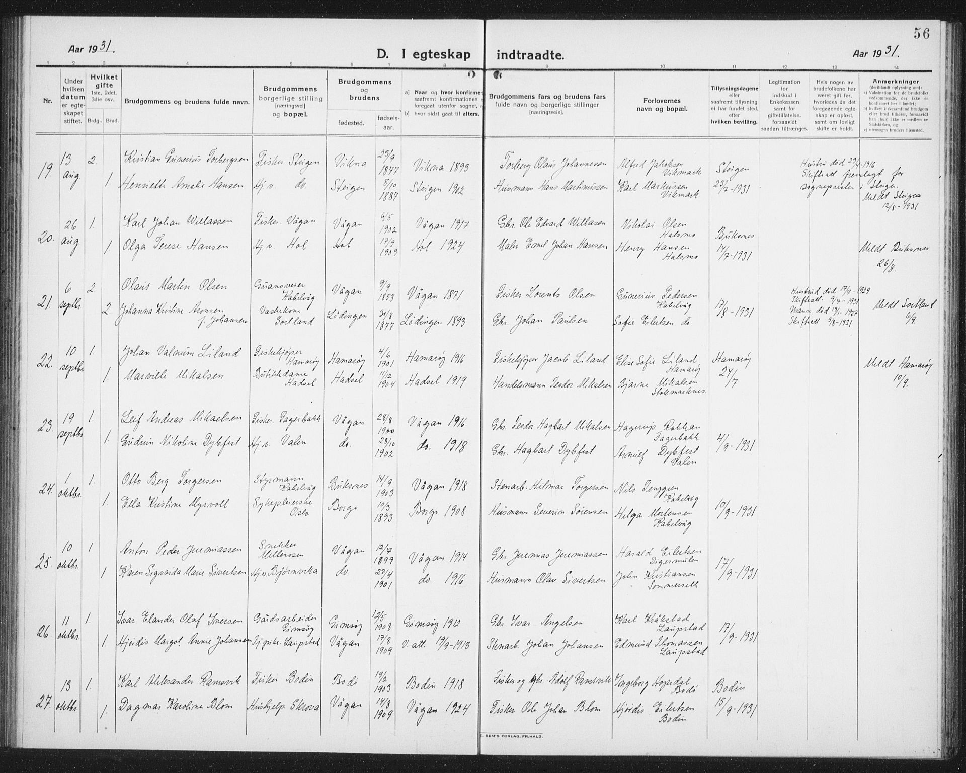 Ministerialprotokoller, klokkerbøker og fødselsregistre - Nordland, AV/SAT-A-1459/874/L1082: Parish register (copy) no. 874C11, 1920-1939, p. 56