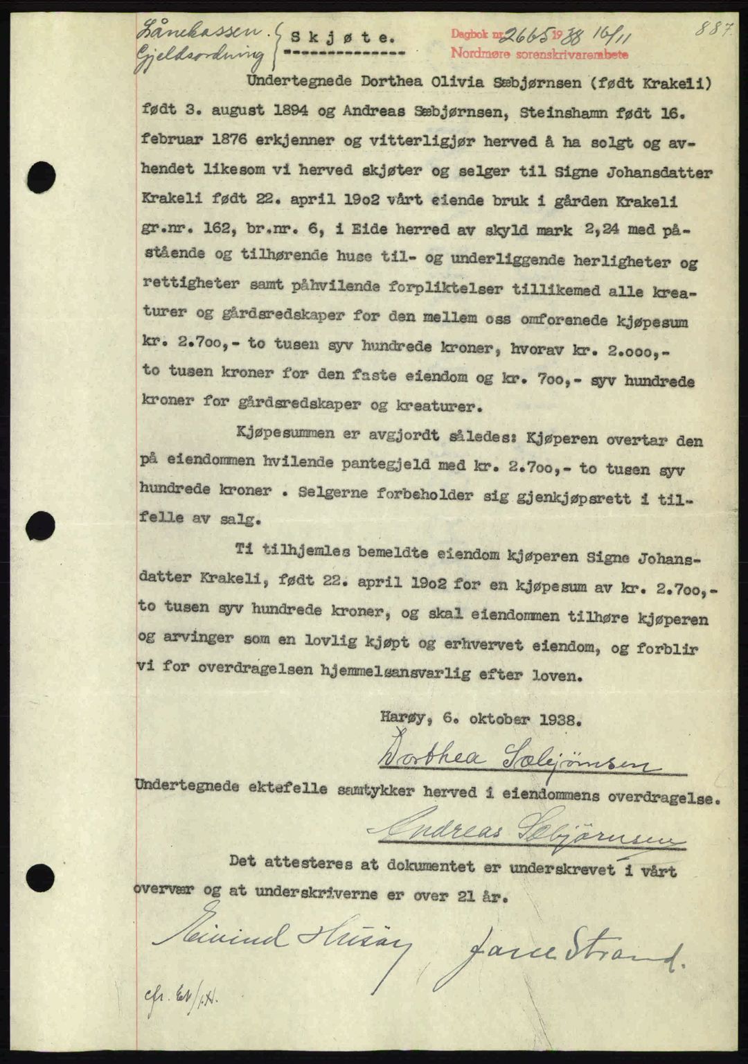 Nordmøre sorenskriveri, AV/SAT-A-4132/1/2/2Ca: Mortgage book no. A84, 1938-1938, Diary no: : 2665/1938