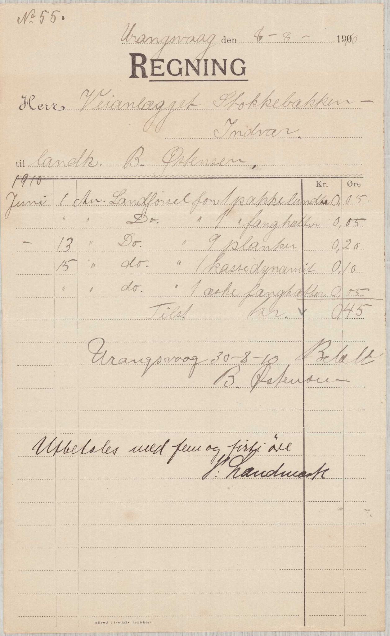 Finnaas kommune. Formannskapet, IKAH/1218a-021/E/Ea/L0001/0001: Rekneskap for veganlegg / Rekneskap for veganlegget Indvær - Stokkabakken, 1910-1915, p. 19