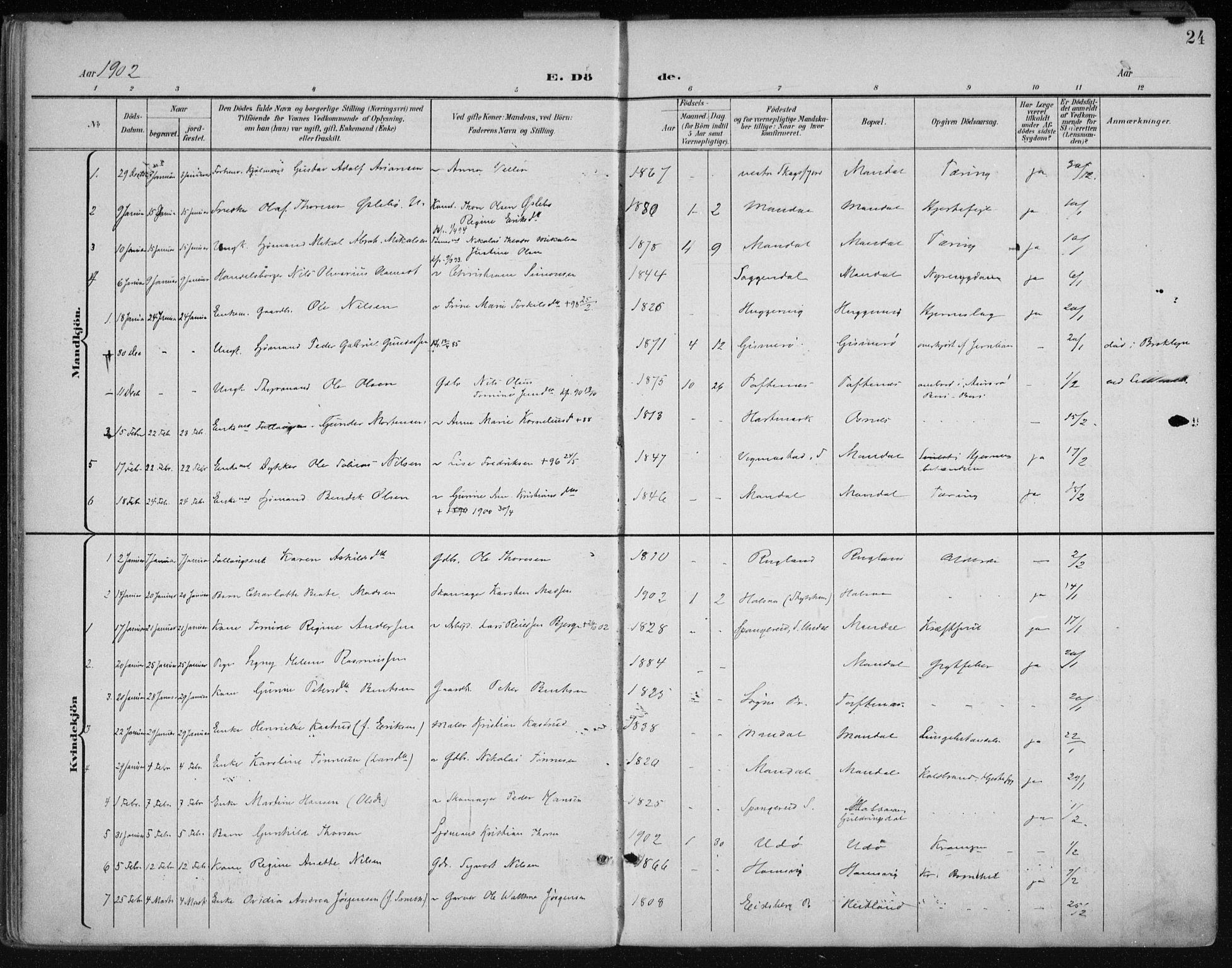 Mandal sokneprestkontor, AV/SAK-1111-0030/F/Fa/Faa/L0021: Parish register (official) no. A 21, 1898-1913, p. 24