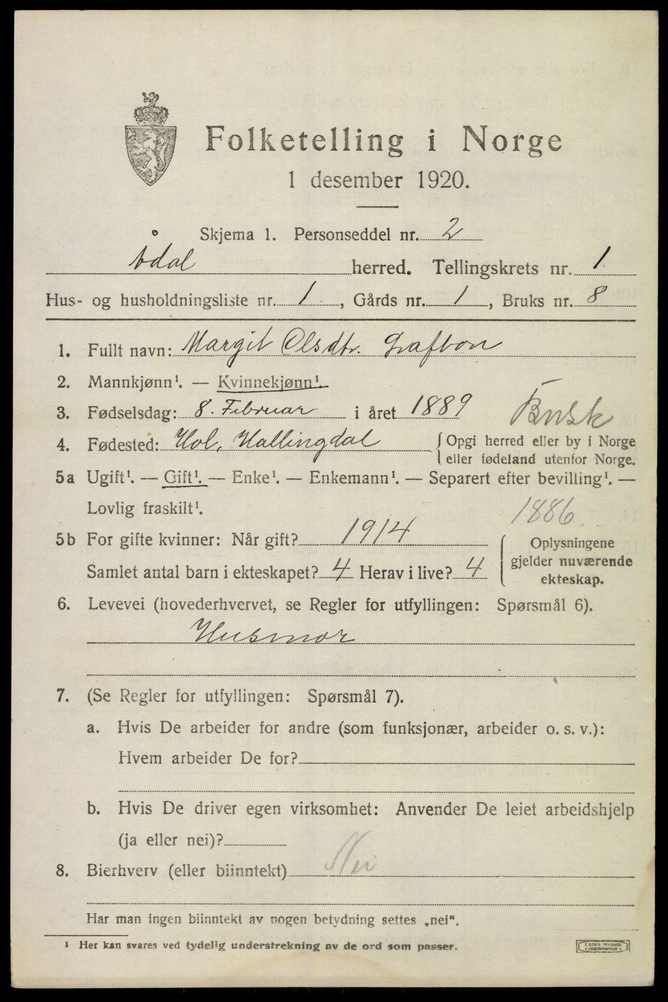 SAKO, 1920 census for Ådal, 1920, p. 1176