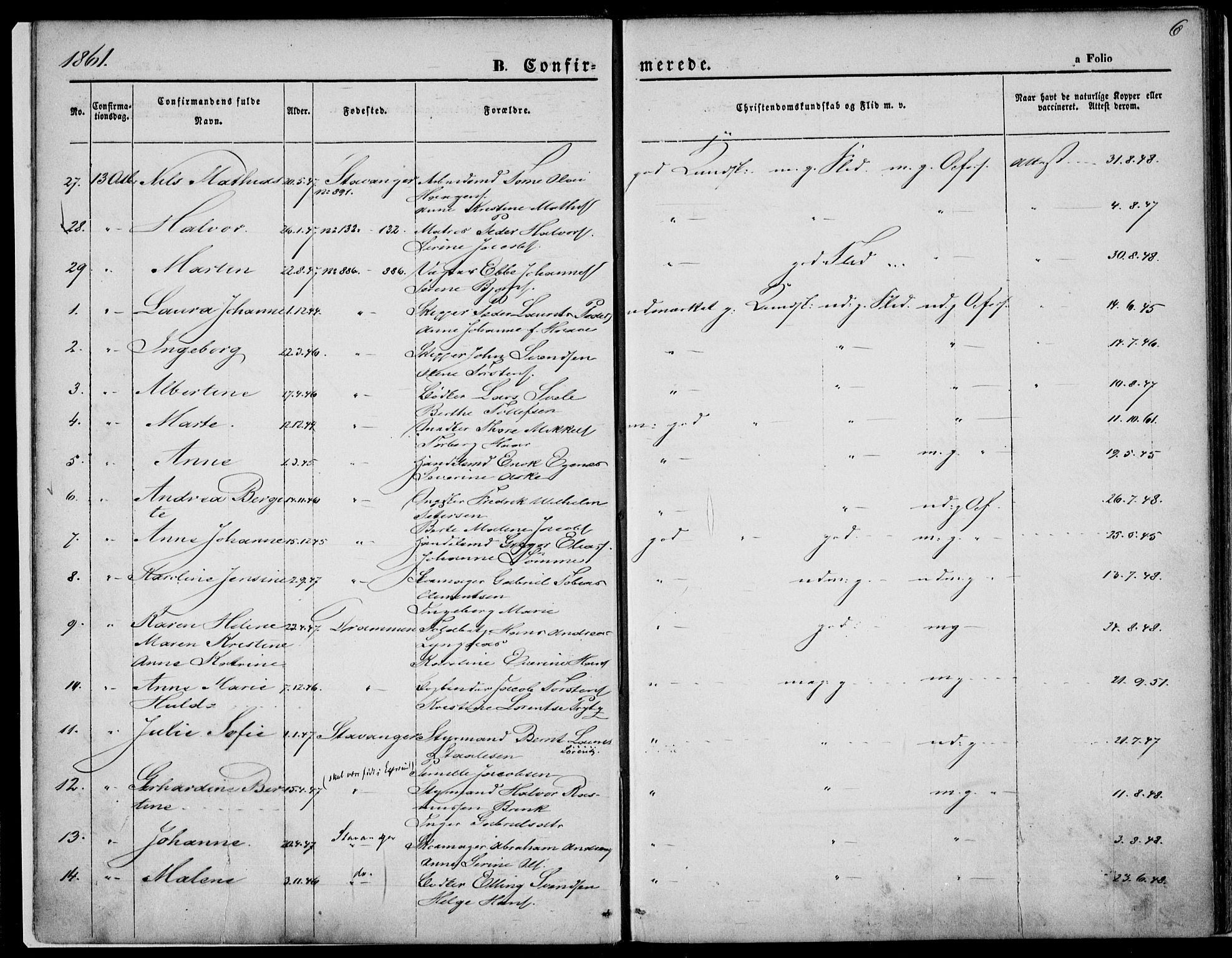 St. Petri sokneprestkontor, SAST/A-101813/001/30/30BA/L0004: Parish register (official) no. A 4, 1861-1865, p. 6