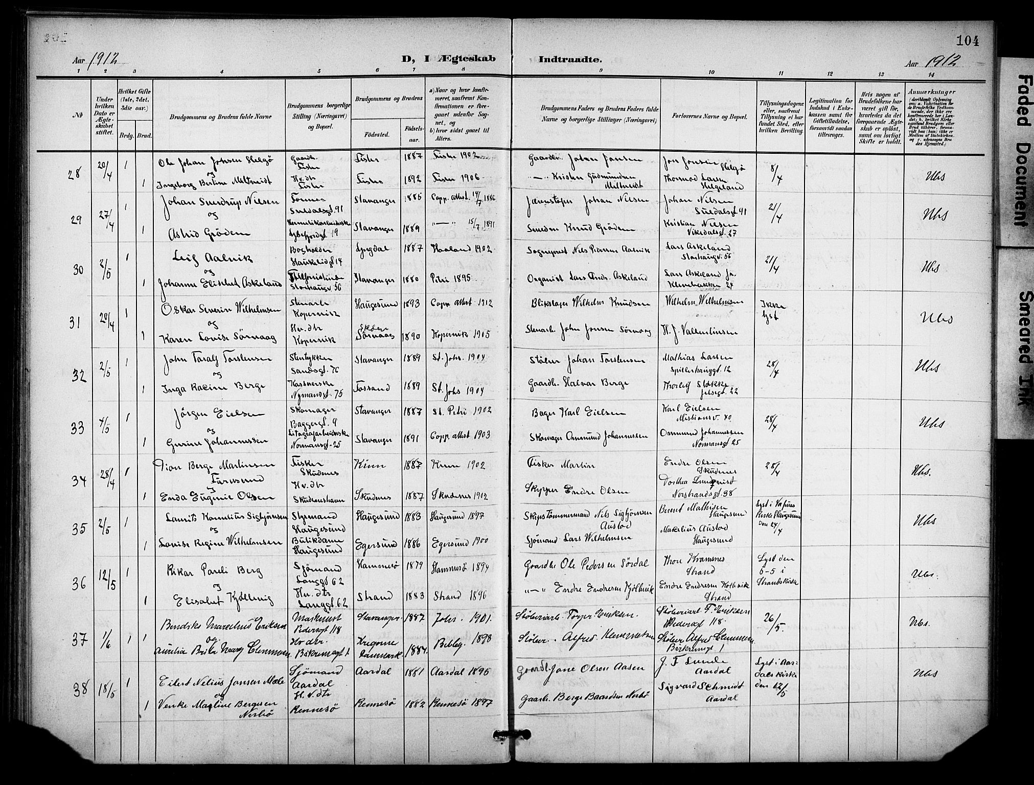 St. Johannes sokneprestkontor, AV/SAST-A-101814/001/30/30BB/L0005: Parish register (copy) no. B 5, 1901-1917, p. 104