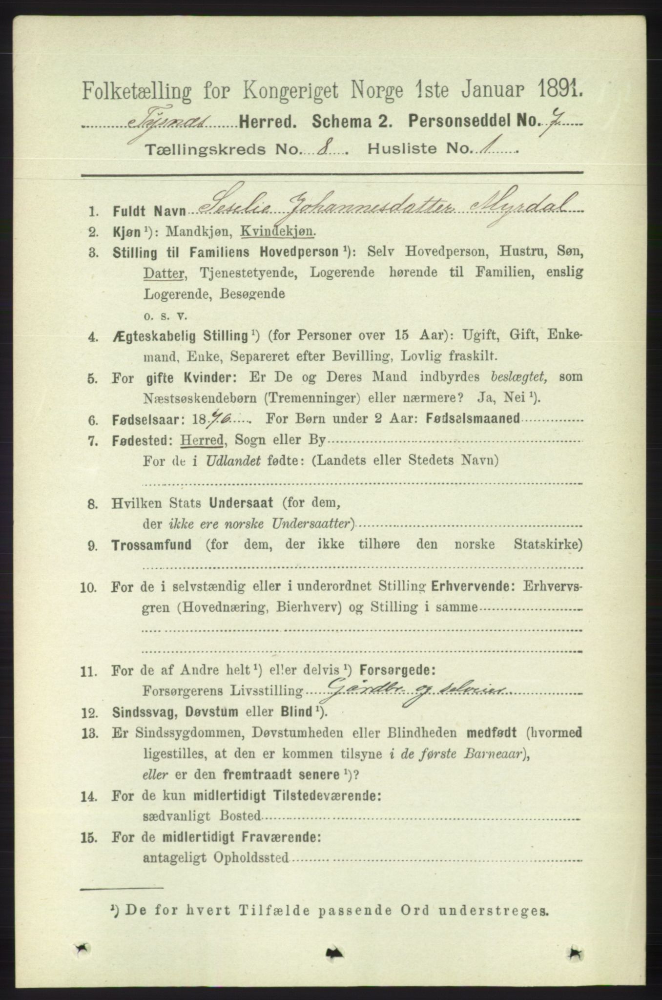 RA, 1891 census for 1223 Tysnes, 1891, p. 3664