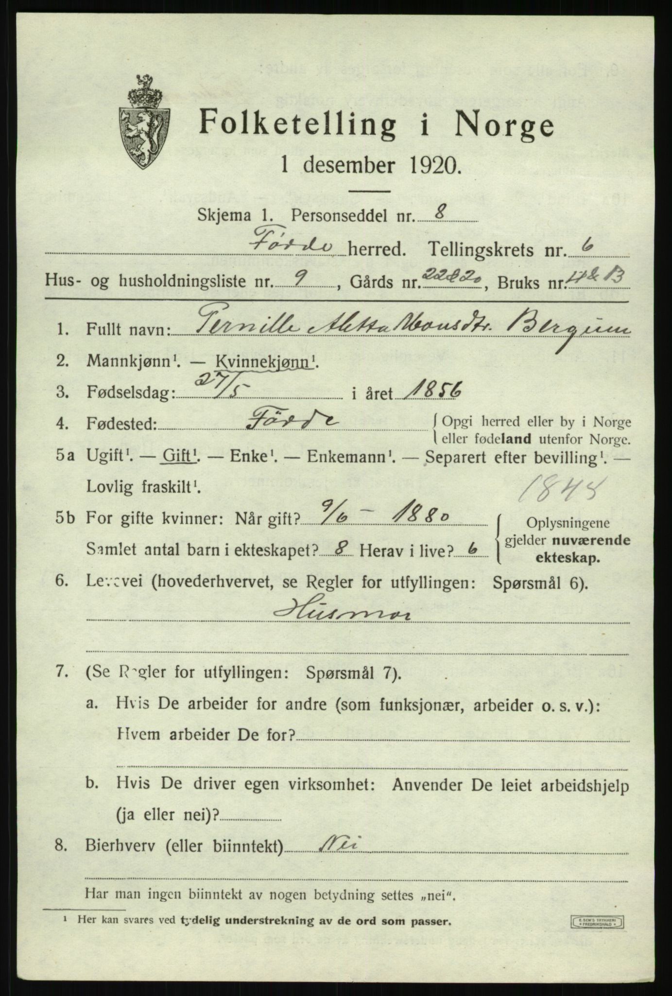 SAB, 1920 census for Førde, 1920, p. 2402