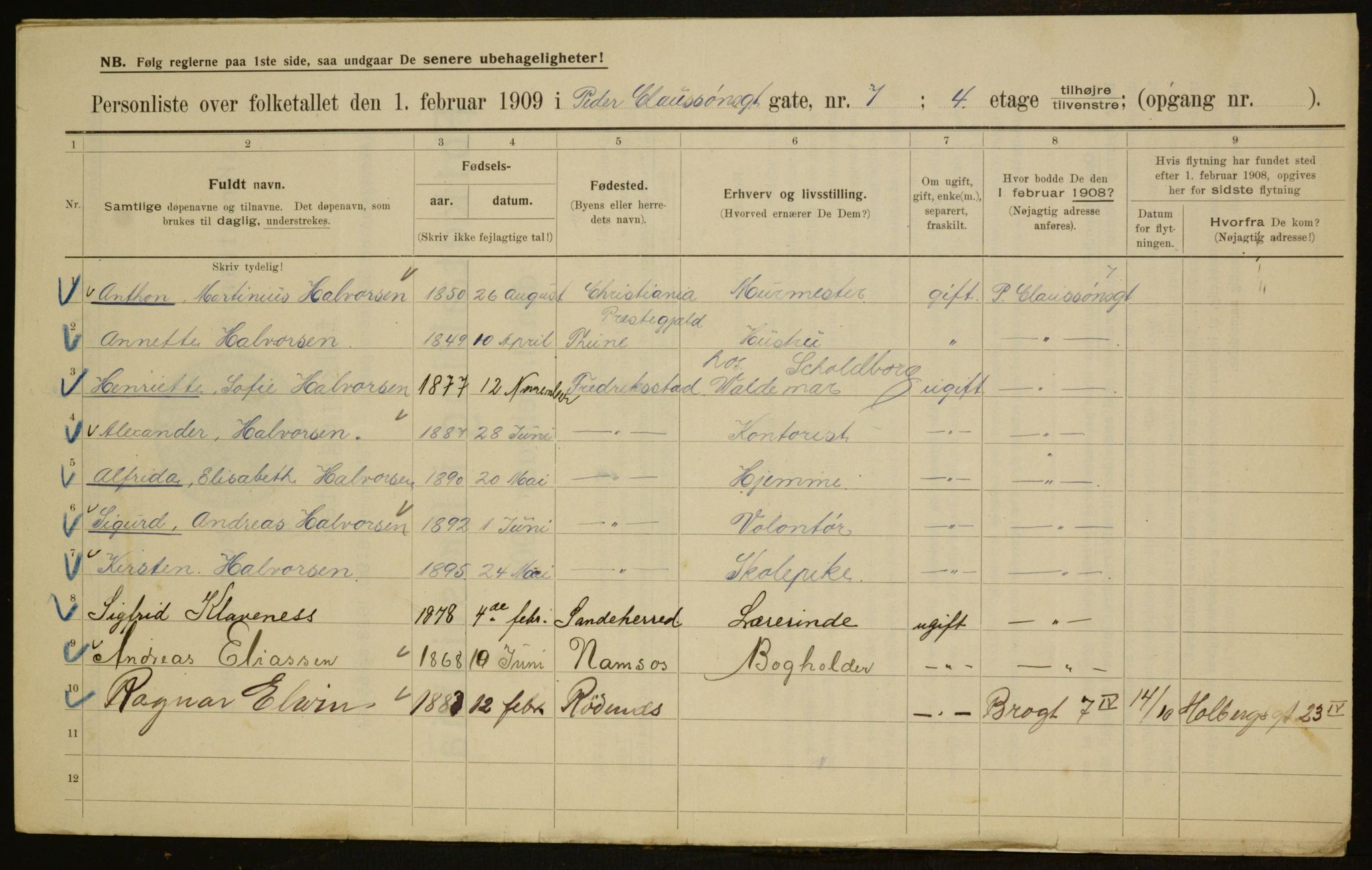 OBA, Municipal Census 1909 for Kristiania, 1909, p. 71371