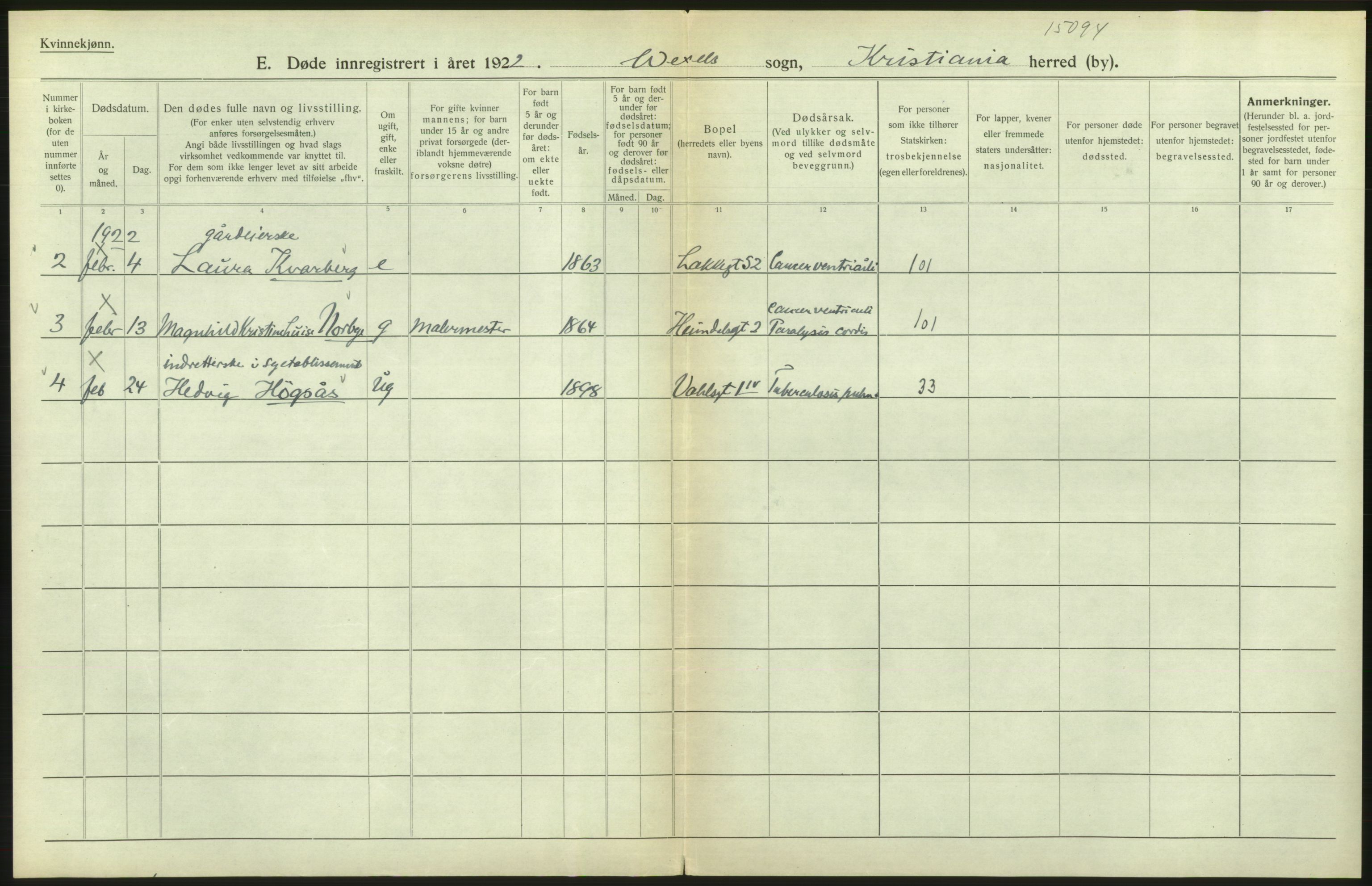 Statistisk sentralbyrå, Sosiodemografiske emner, Befolkning, AV/RA-S-2228/D/Df/Dfc/Dfcb/L0010: Kristiania: Døde, dødfødte, 1922, p. 242