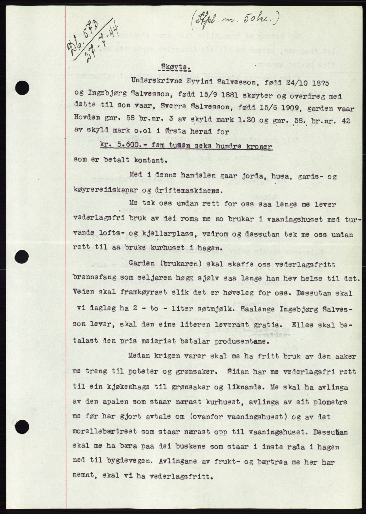 Søre Sunnmøre sorenskriveri, AV/SAT-A-4122/1/2/2C/L0076: Mortgage book no. 2A, 1943-1944, Diary no: : 573/1944