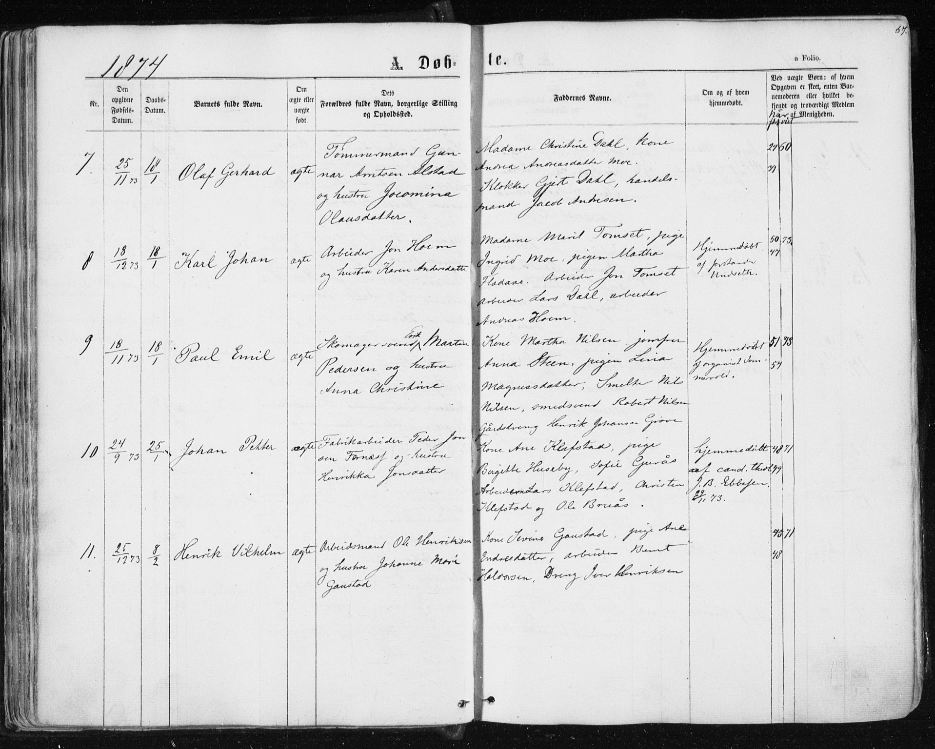 Ministerialprotokoller, klokkerbøker og fødselsregistre - Sør-Trøndelag, SAT/A-1456/604/L0186: Parish register (official) no. 604A07, 1866-1877, p. 67