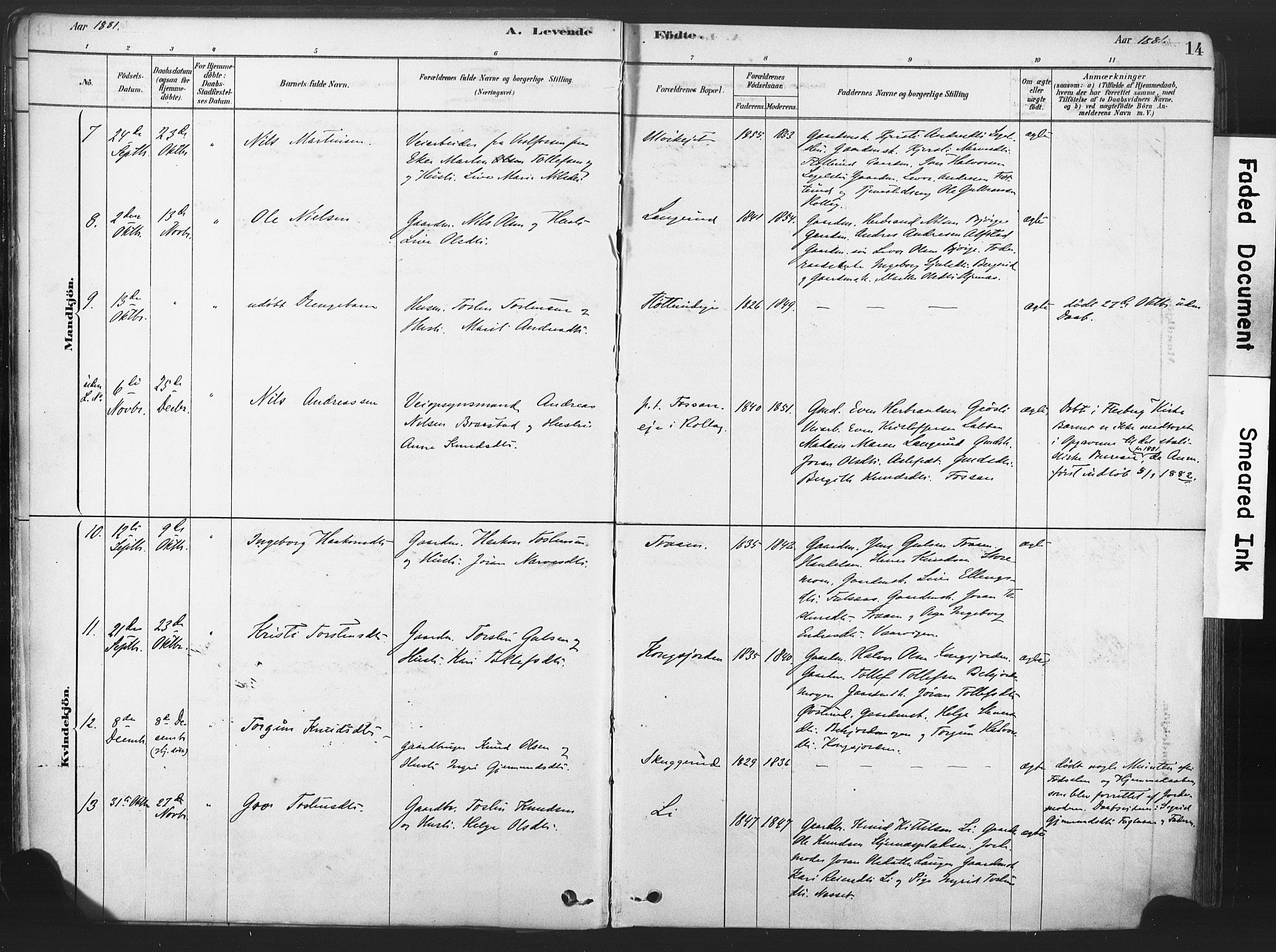 Rollag kirkebøker, AV/SAKO-A-240/F/Fa/L0011: Parish register (official) no. I 11, 1878-1902, p. 14