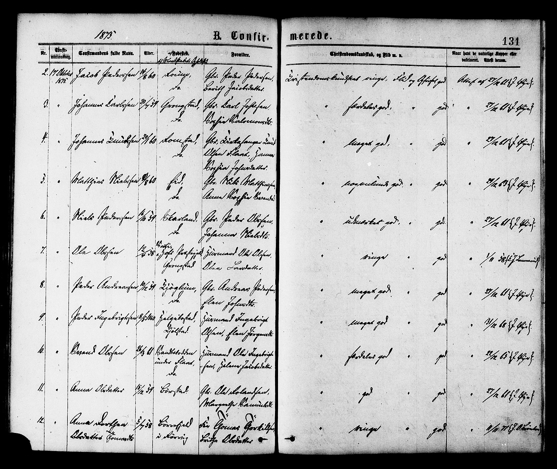 Ministerialprotokoller, klokkerbøker og fødselsregistre - Nord-Trøndelag, SAT/A-1458/758/L0516: Parish register (official) no. 758A03 /1, 1869-1879, p. 131