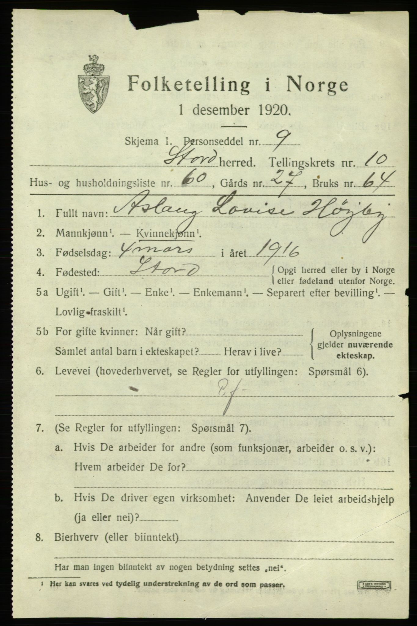 SAB, 1920 census for Stord, 1920, p. 6313