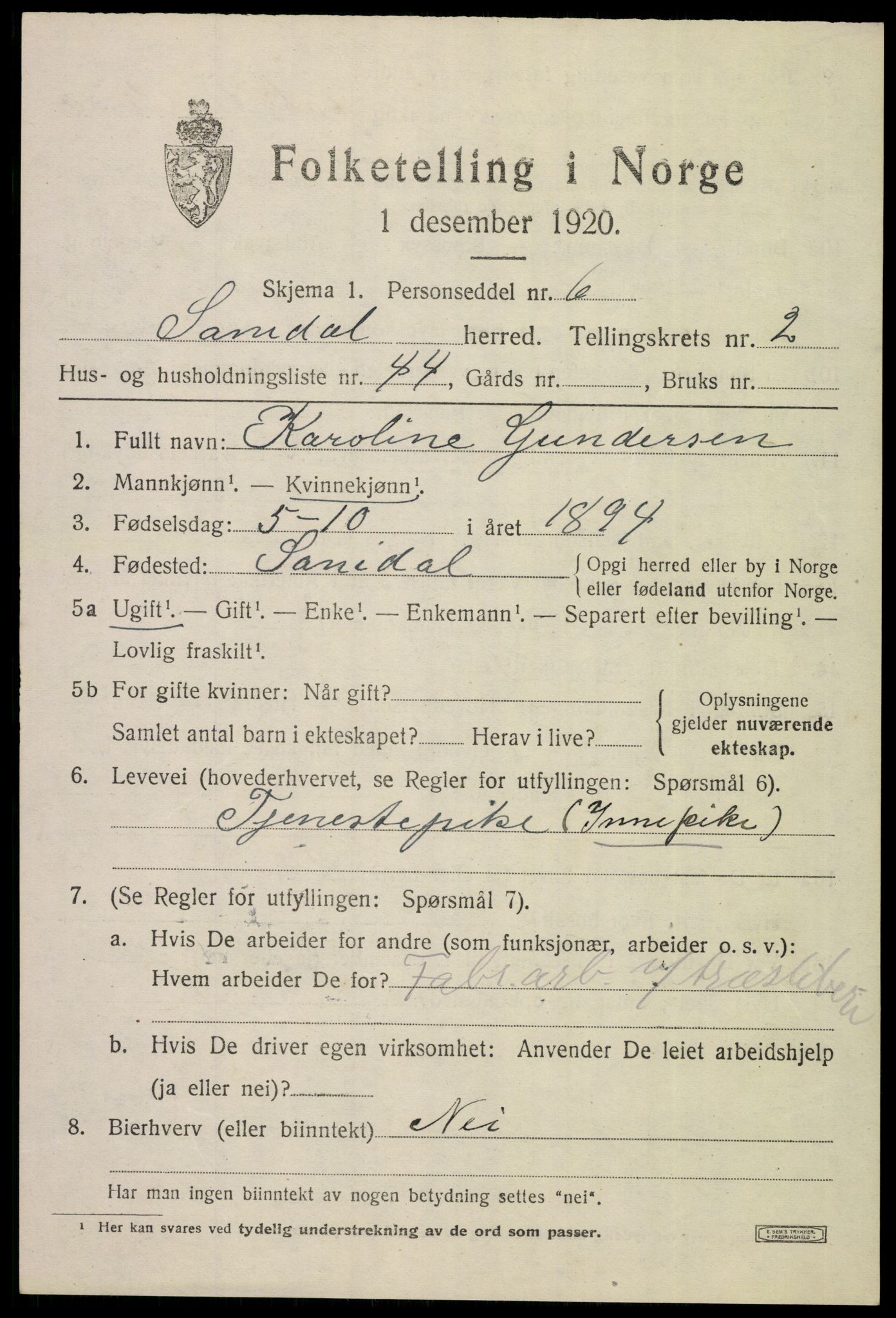 SAKO, 1920 census for Sannidal, 1920, p. 2167