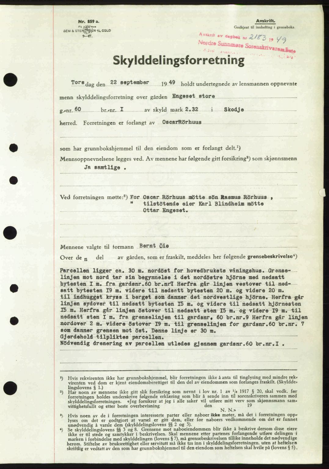 Nordre Sunnmøre sorenskriveri, AV/SAT-A-0006/1/2/2C/2Ca: Mortgage book no. A32, 1949-1949, Diary no: : 2183/1949