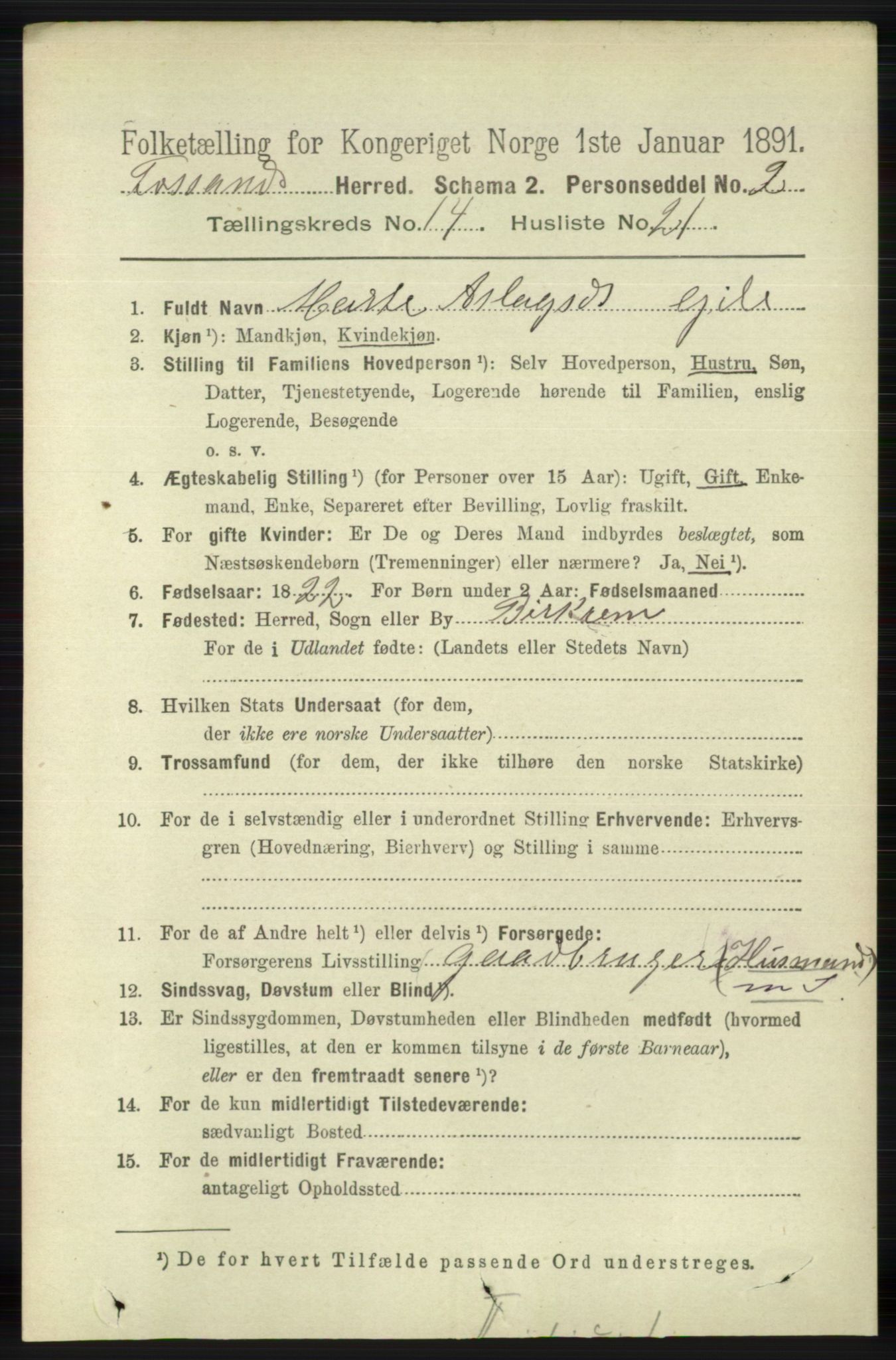 RA, 1891 census for 1129 Forsand, 1891, p. 2365