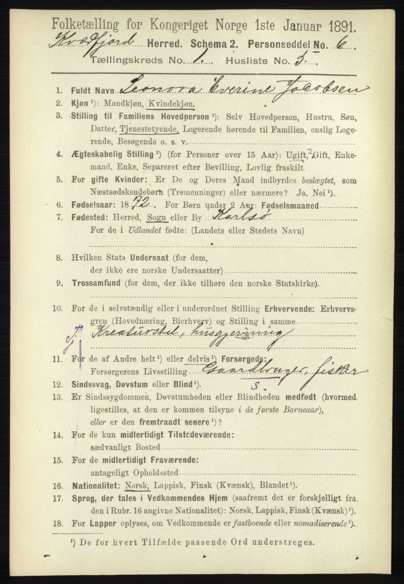 RA, 1891 census for 1911 Kvæfjord, 1891, p. 132