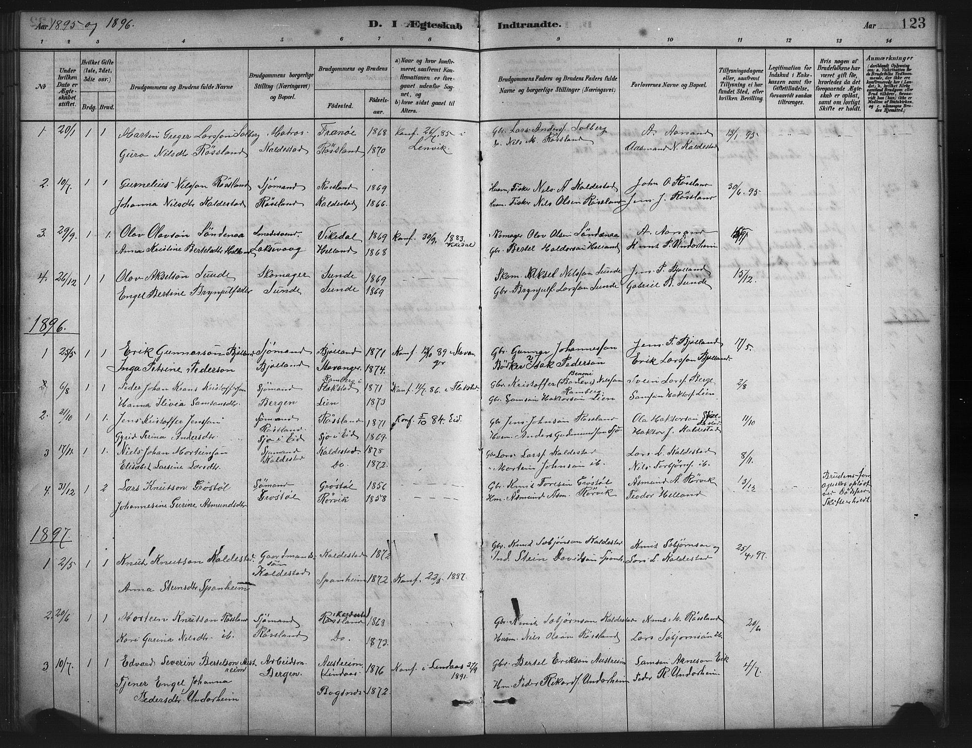 Husnes Sokneprestembete, SAB/A-75901/H/Hab: Parish register (copy) no. A 2, 1881-1917, p. 123