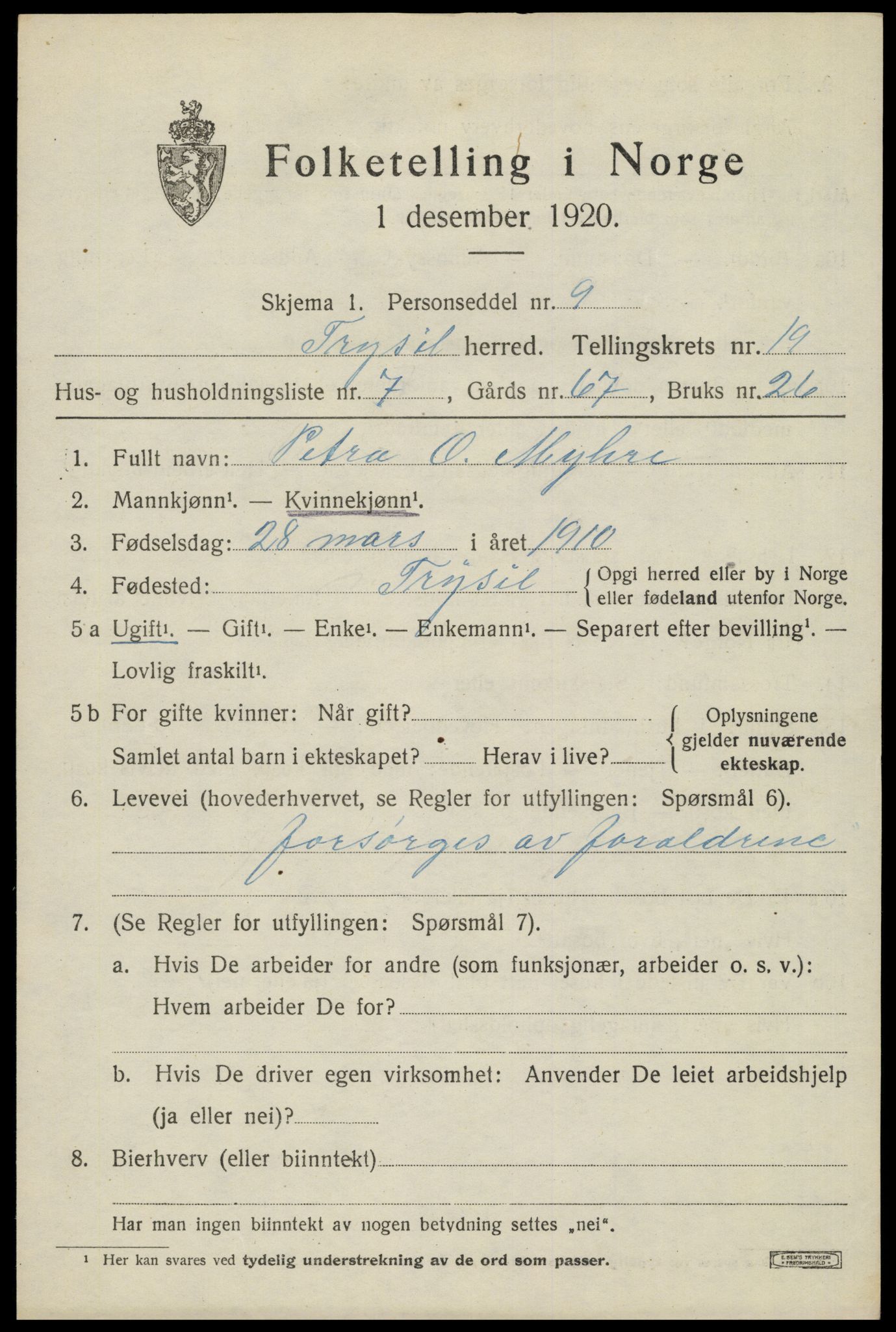 SAH, 1920 census for Trysil, 1920, p. 12809