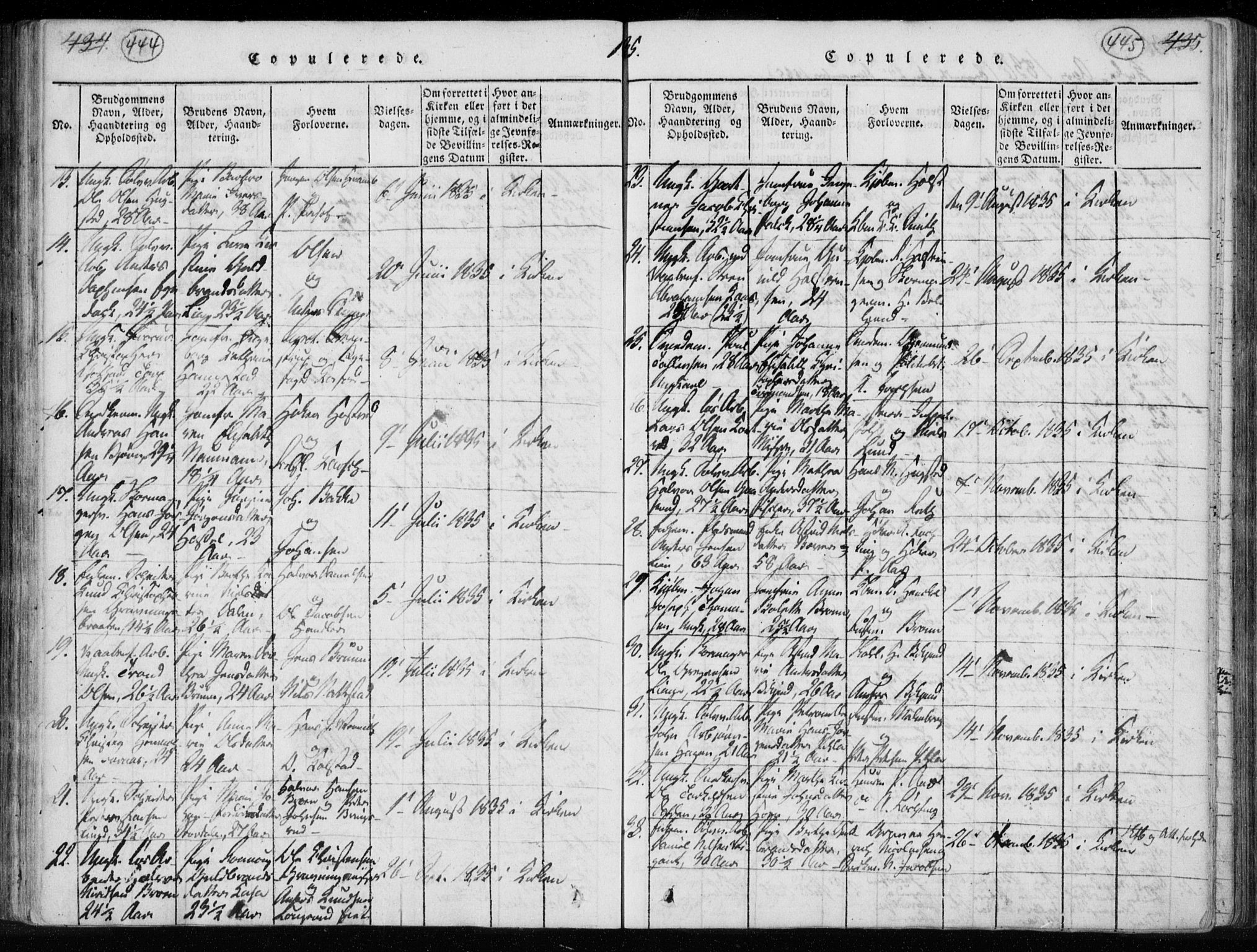 Kongsberg kirkebøker, AV/SAKO-A-22/F/Fa/L0008: Parish register (official) no. I 8, 1816-1839, p. 444-445