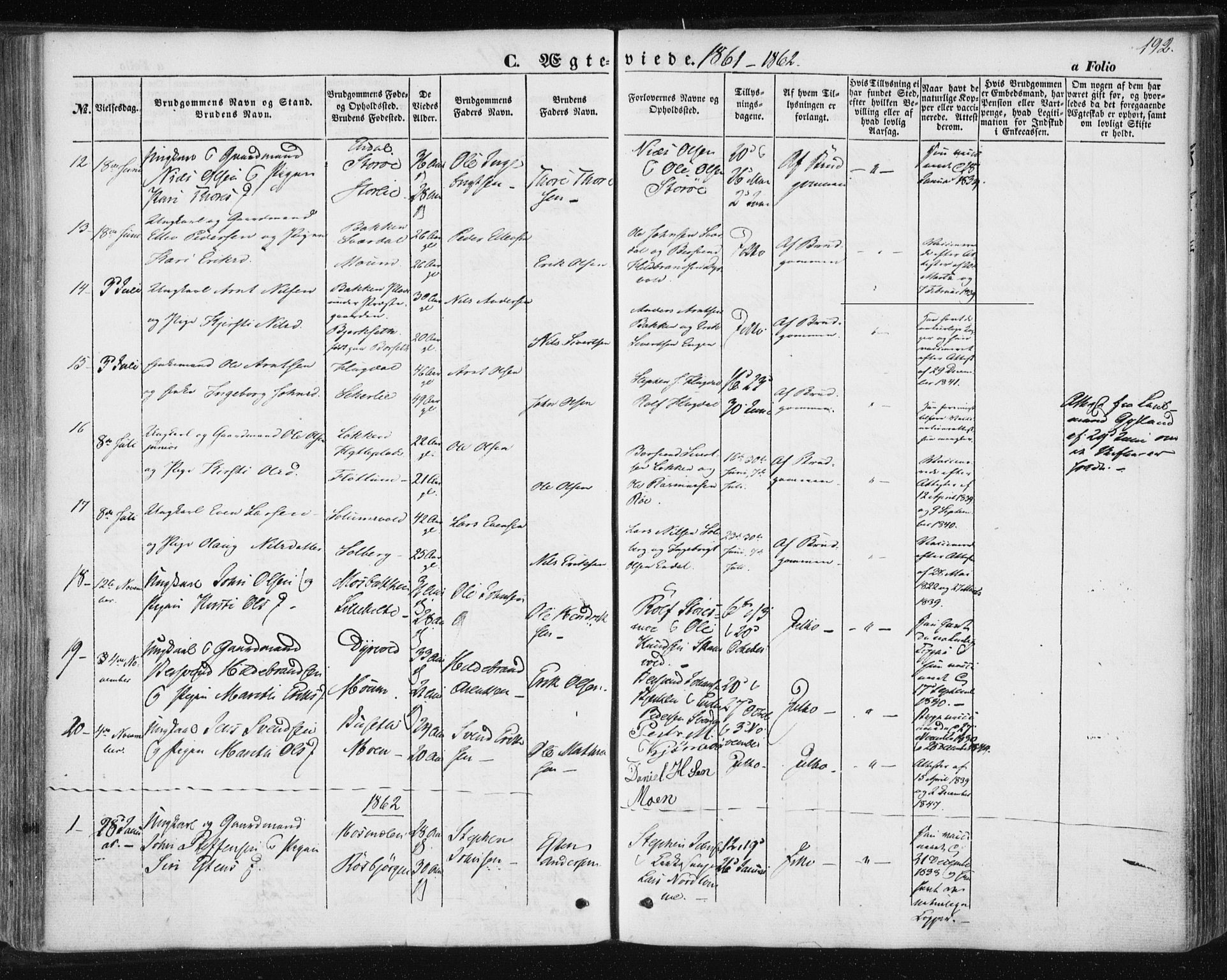 Ministerialprotokoller, klokkerbøker og fødselsregistre - Sør-Trøndelag, SAT/A-1456/687/L1000: Parish register (official) no. 687A06, 1848-1869, p. 192