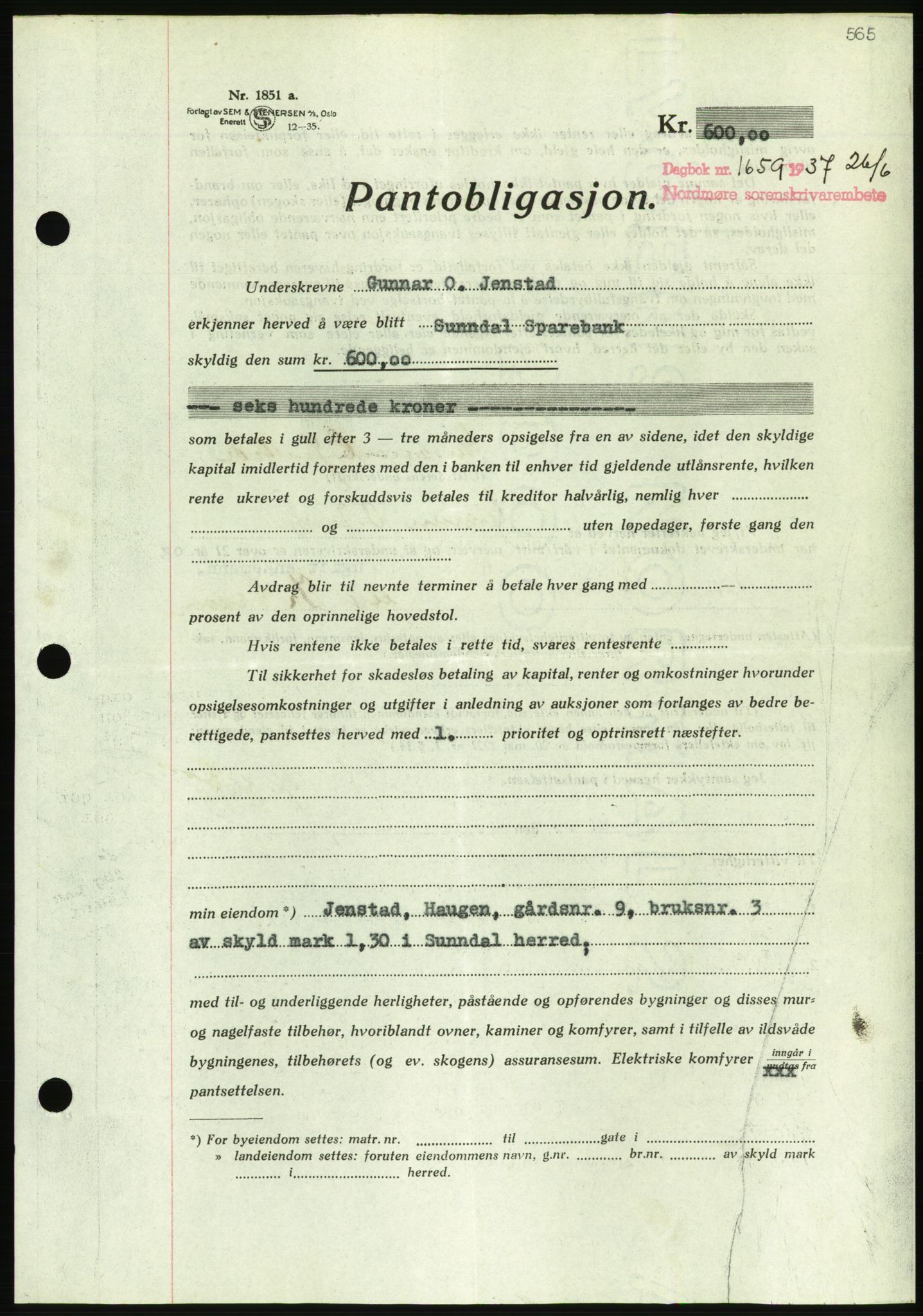 Nordmøre sorenskriveri, AV/SAT-A-4132/1/2/2Ca/L0091: Mortgage book no. B81, 1937-1937, Diary no: : 1659/1937