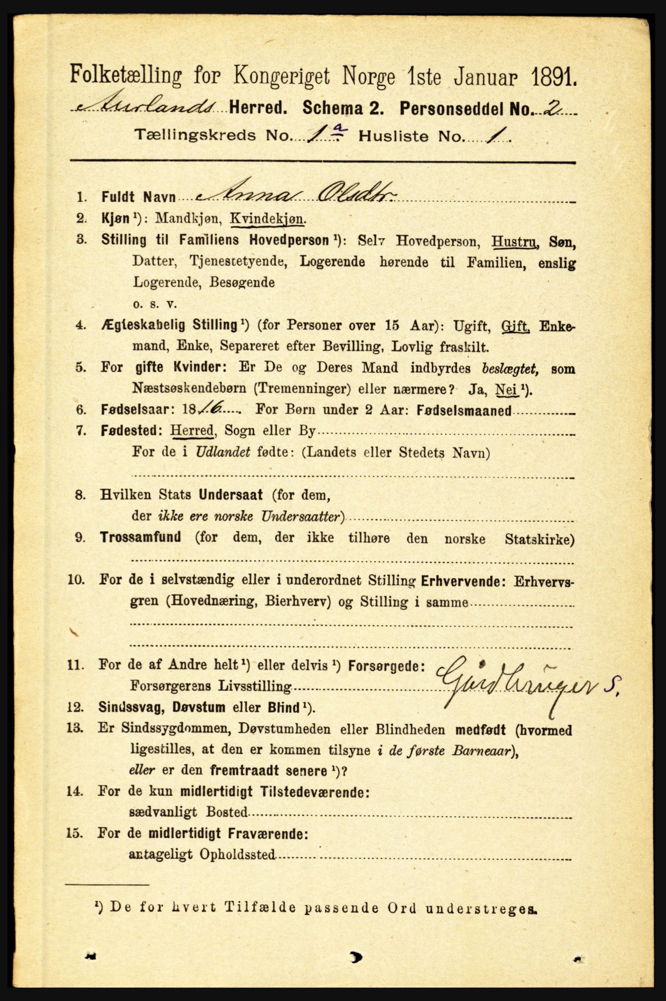 RA, 1891 census for 1421 Aurland, 1891, p. 36