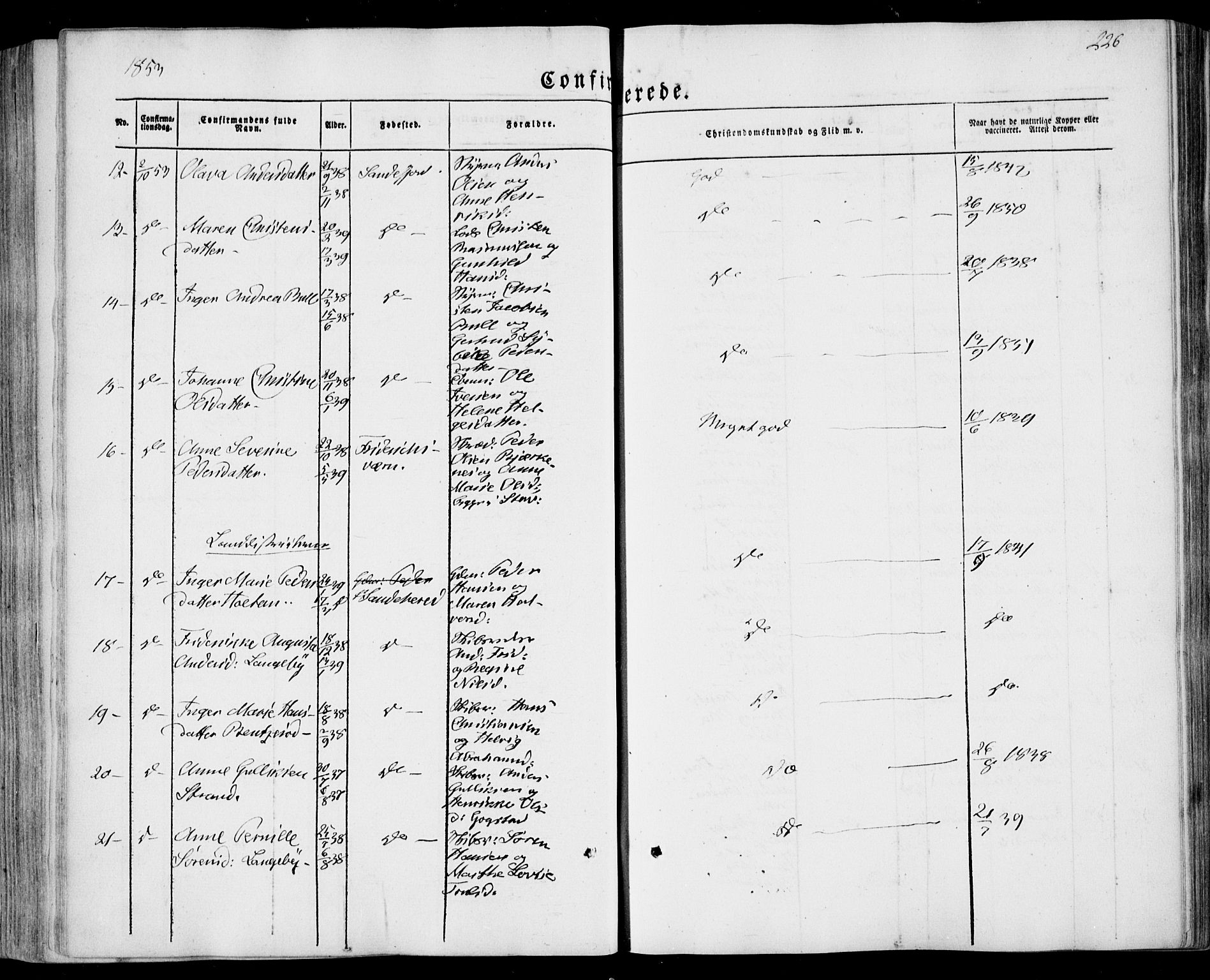 Sandar kirkebøker, SAKO/A-243/F/Fa/L0006: Parish register (official) no. 6, 1847-1860, p. 226