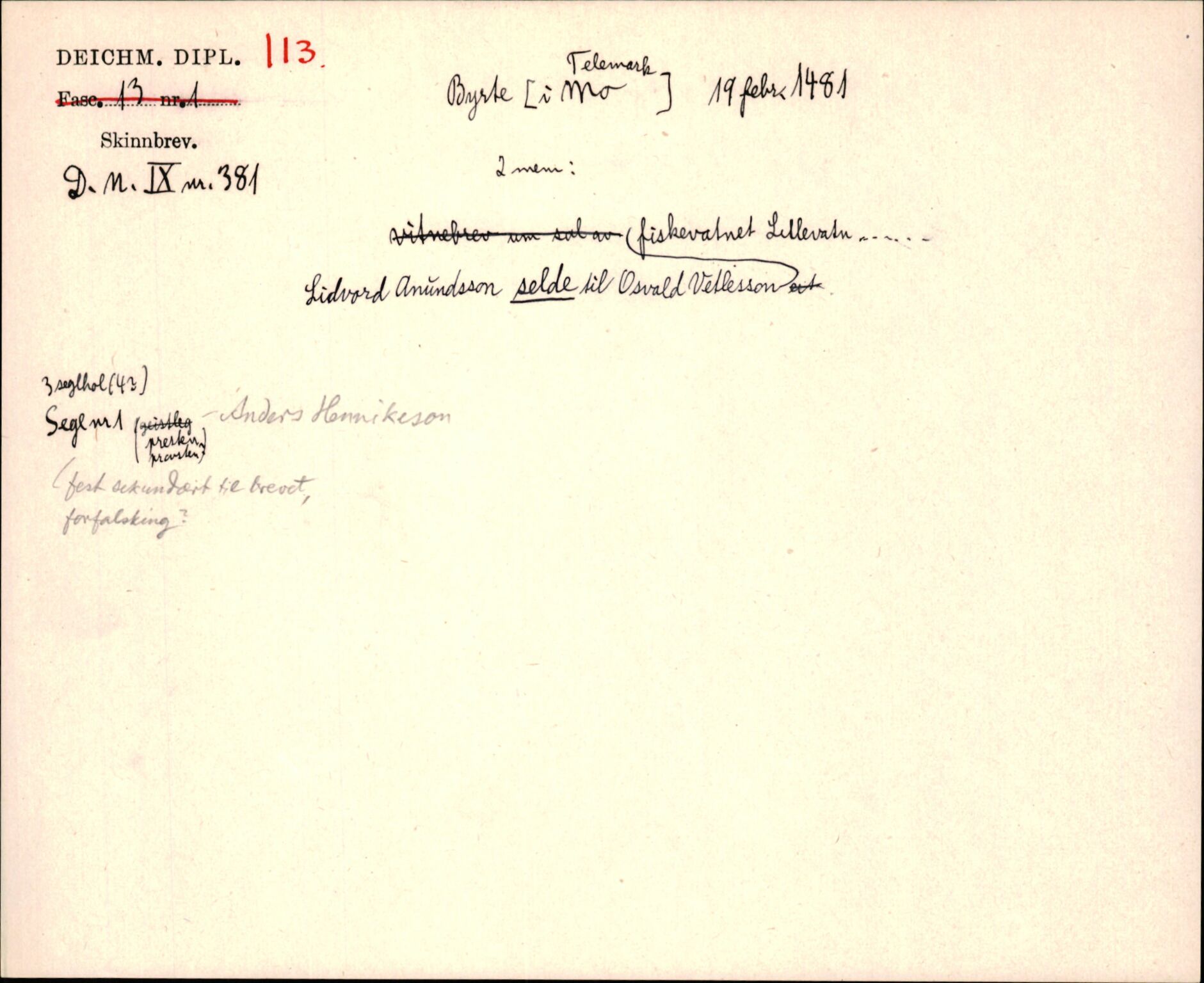 Riksarkivets diplomsamling, AV/RA-EA-5965/F35/F35j/L0001: Regestsedler: Deichmanske diplomer nr. 1-450, p. 237