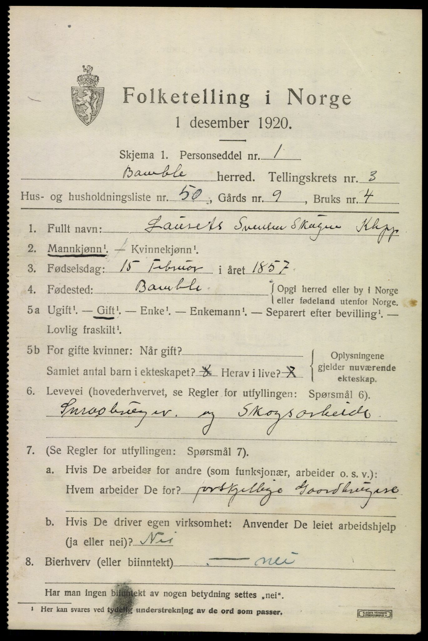 SAKO, 1920 census for Bamble, 1920, p. 4329
