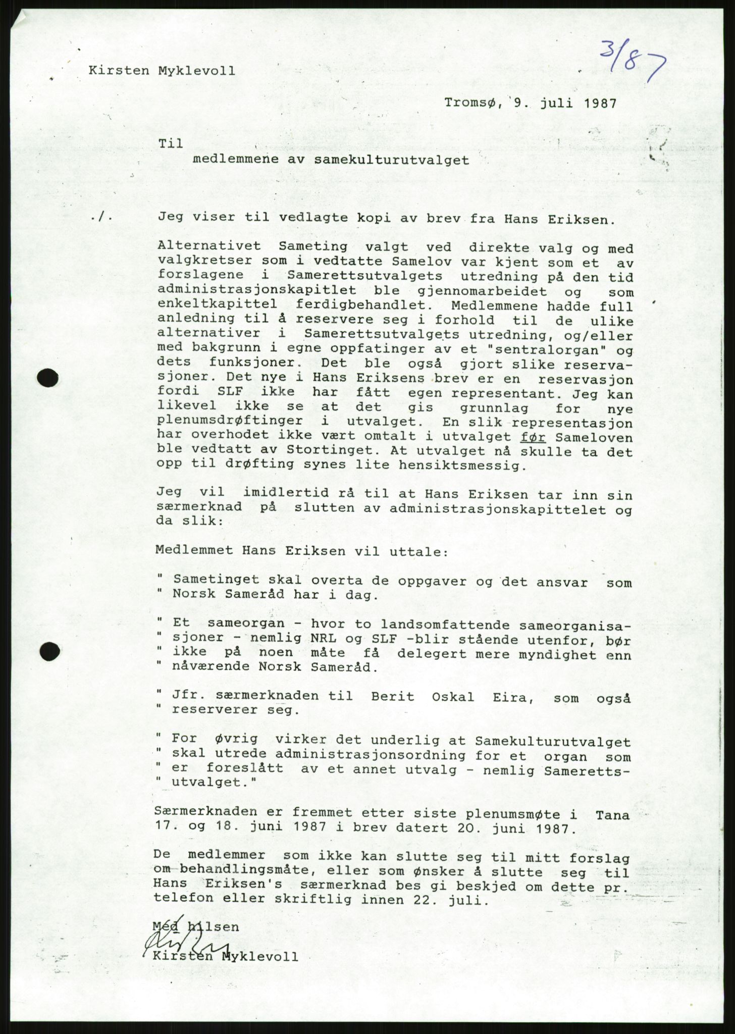 Kirke- og undervisningsdepartementet, Samekulturutvalget, AV/RA-S-2905/D/L0002: Utgående brev. Register til disse, 1981-1987, p. 5