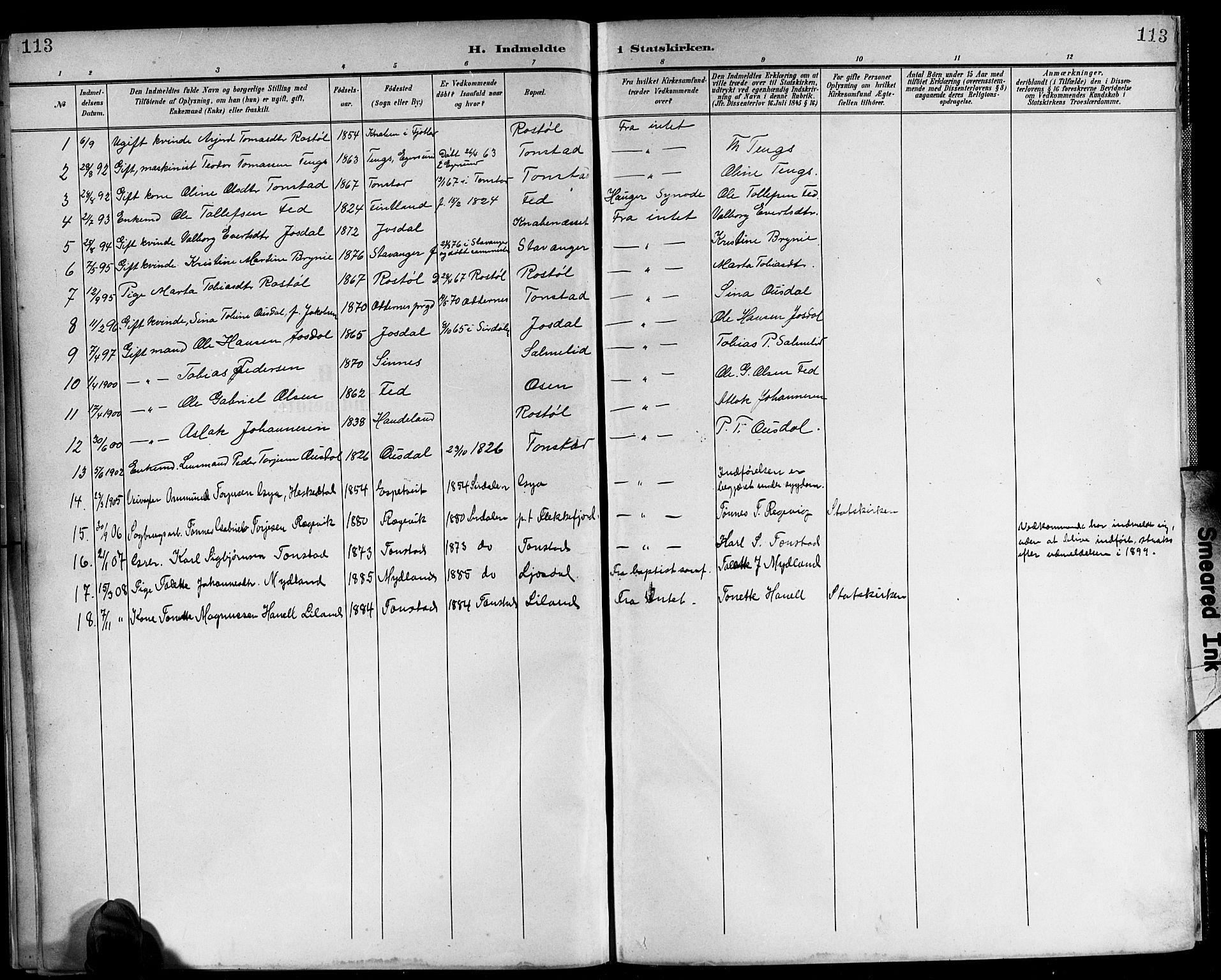 Sirdal sokneprestkontor, SAK/1111-0036/F/Fb/Fbb/L0004: Parish register (copy) no. B 4, 1895-1916, p. 113